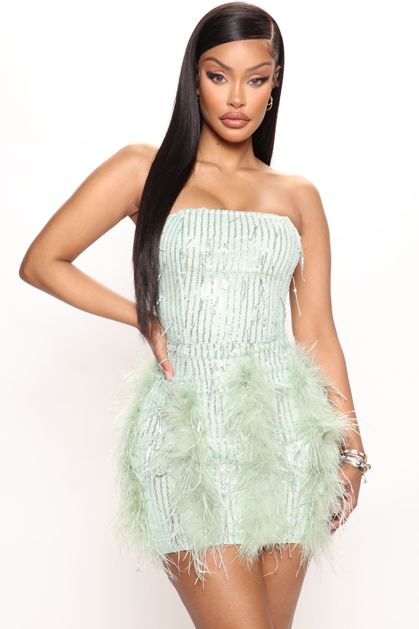 Call Me Feather Sequin Mini Dress - Mint