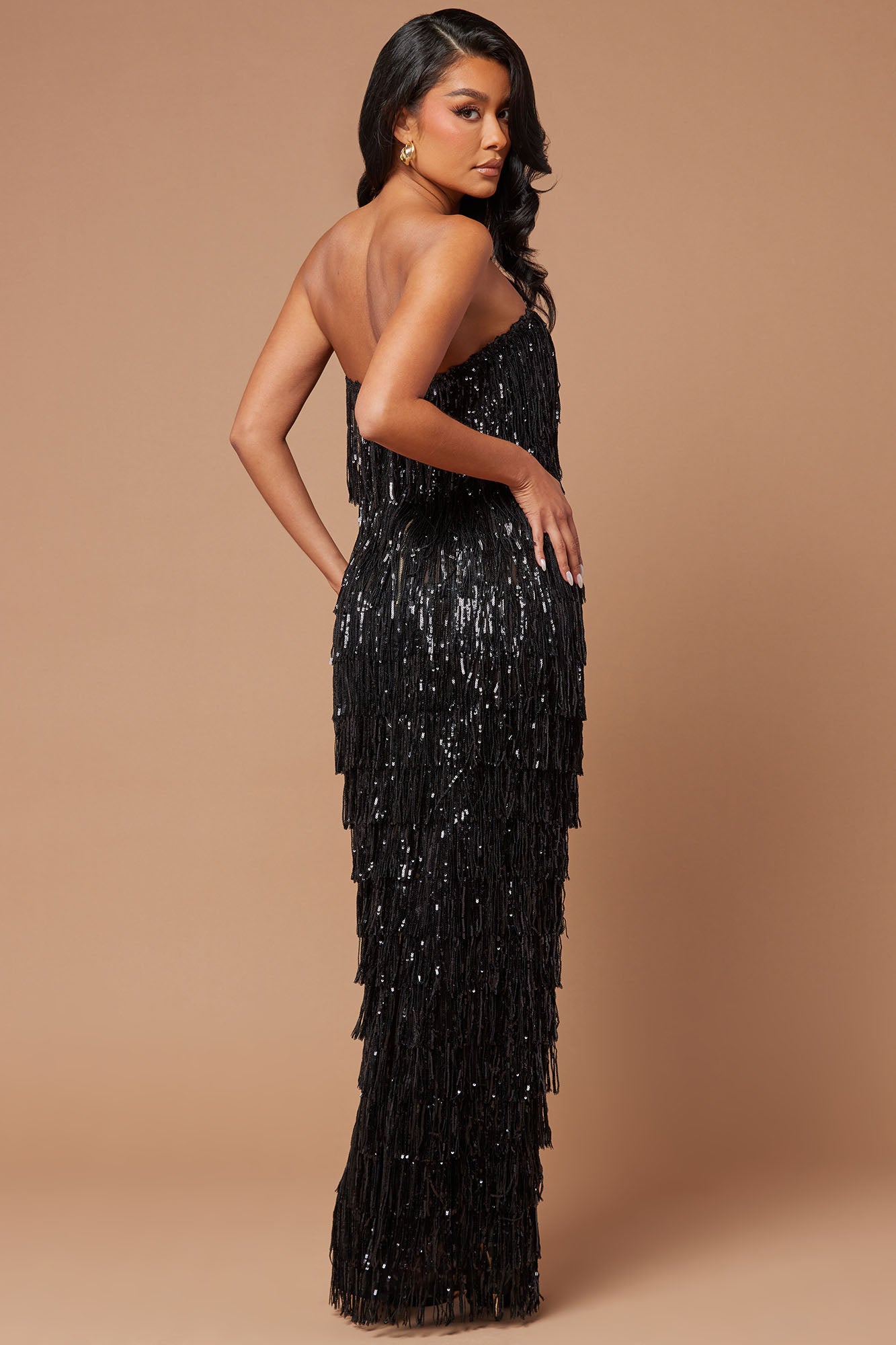 Chantilly Sequin Fringe Maxi Dress - Black