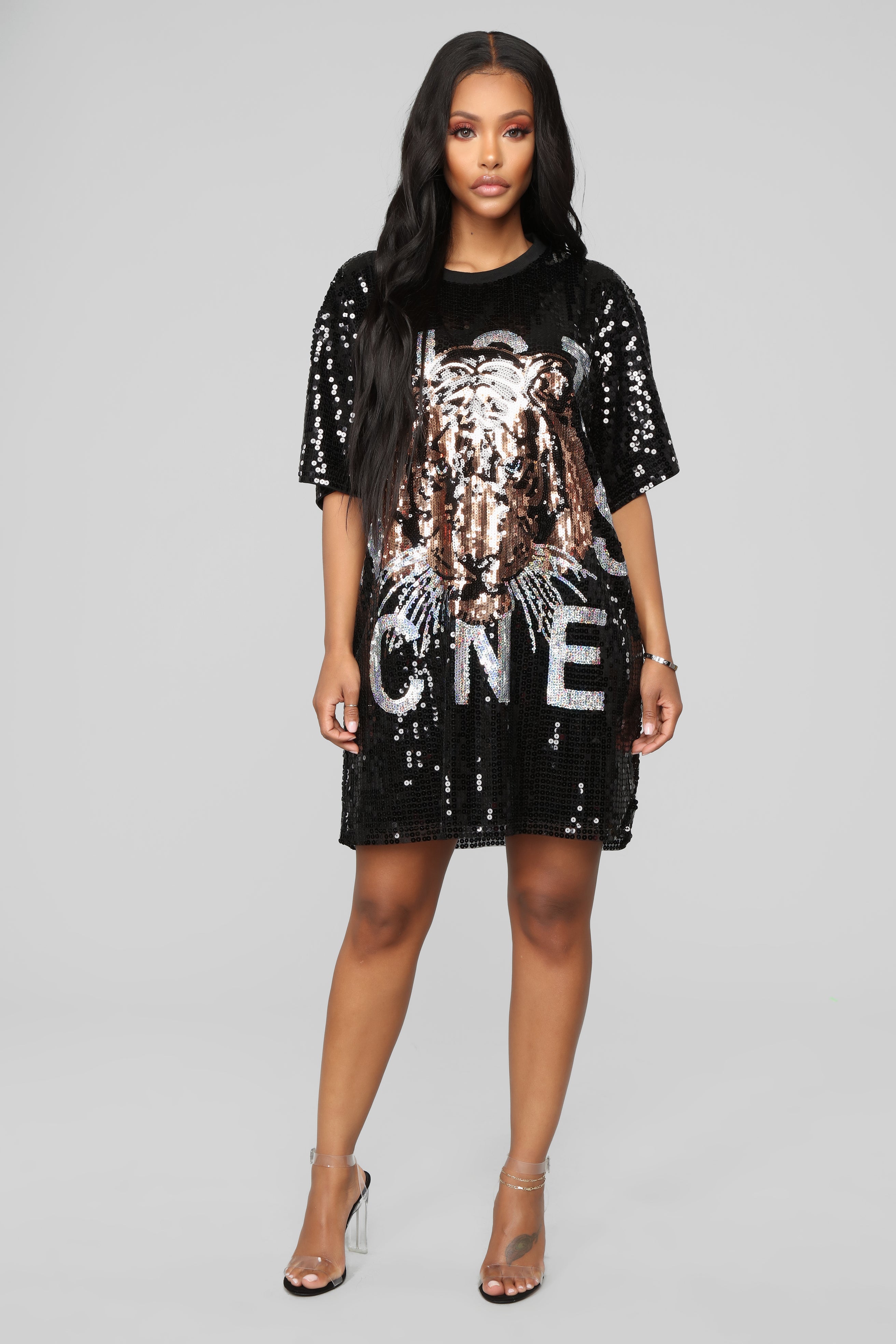Animal Inside Me Sequin Shirt Dress - Black