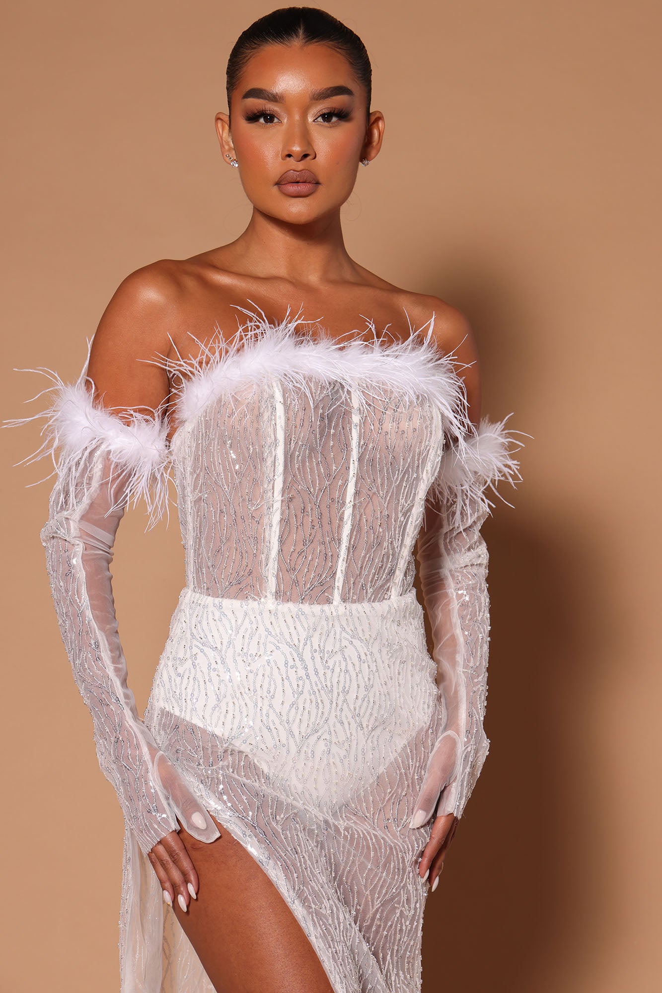 Cheri Sequin Mesh Feather Trim Maxi Dress - White