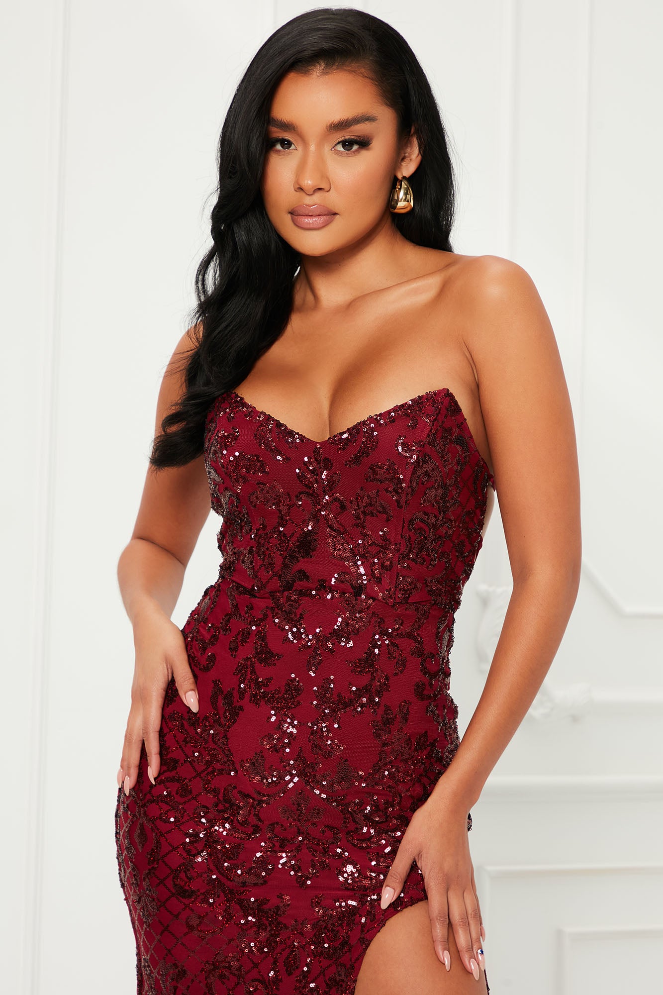 Champagne Budget Sequin Maxi Dress - Burgundy