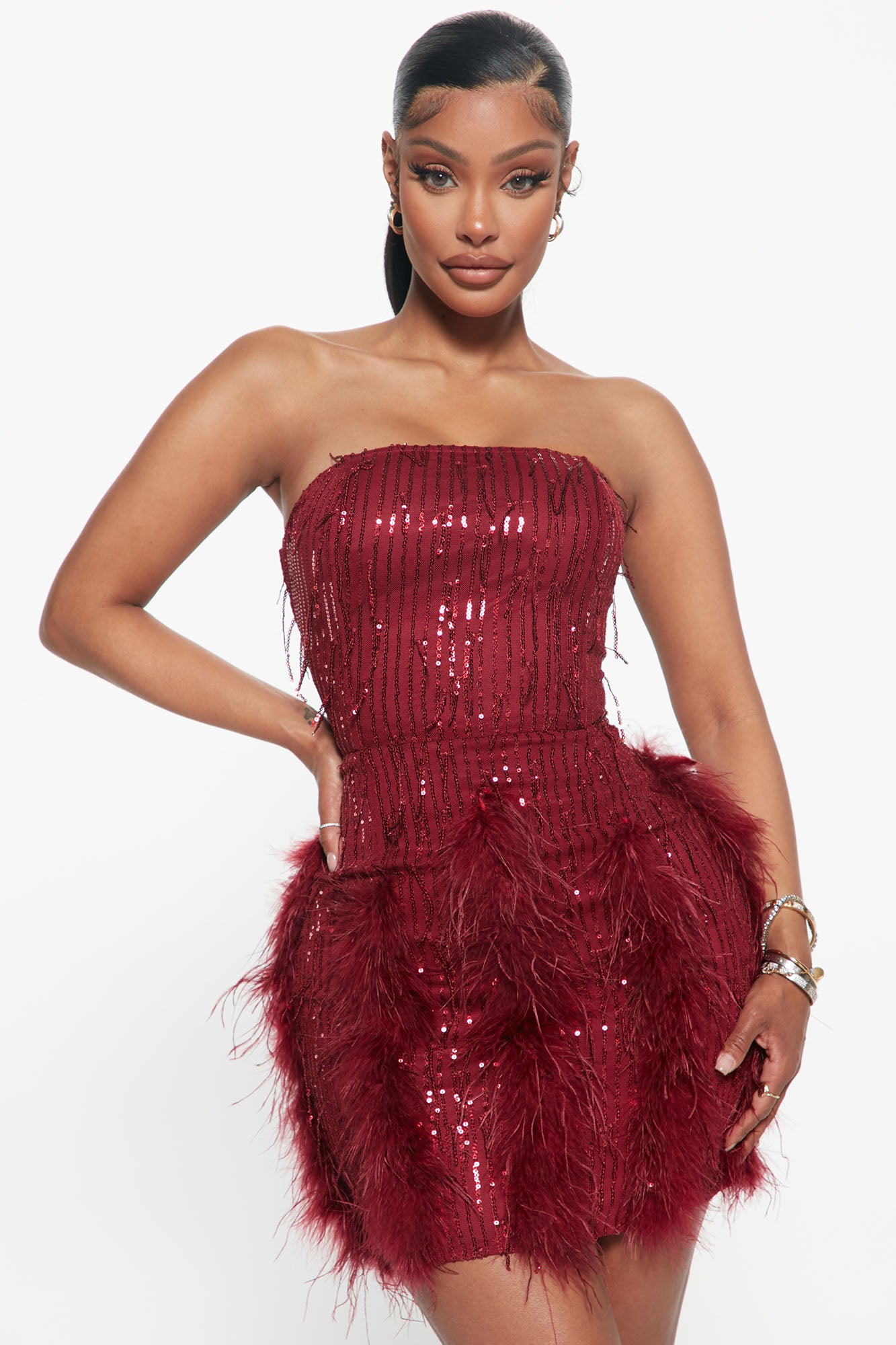 Call Me Feather Sequin Mini Dress - Burgundy