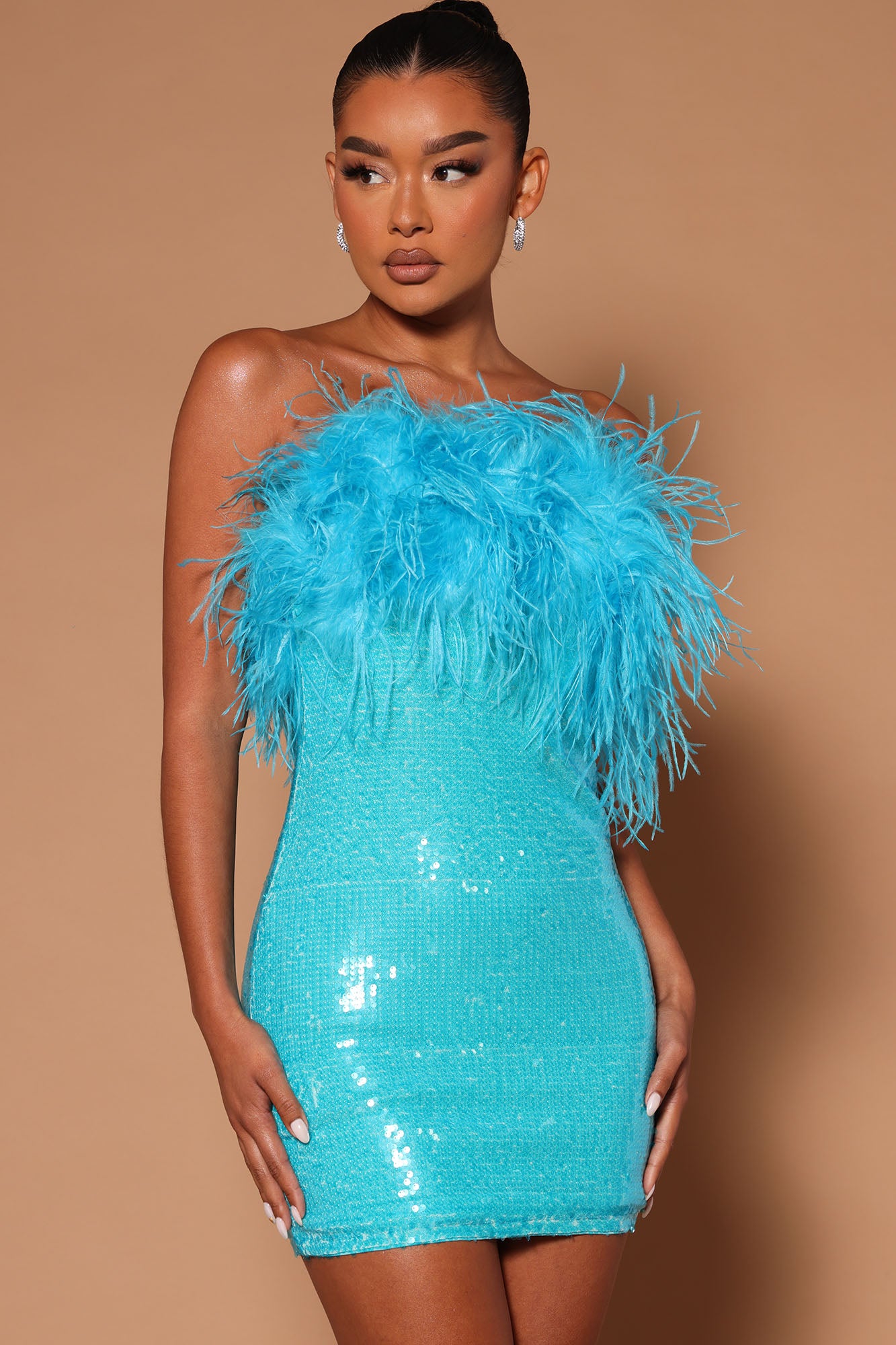 Brandi Sequin Feather Mini Tube Dress - Turquoise