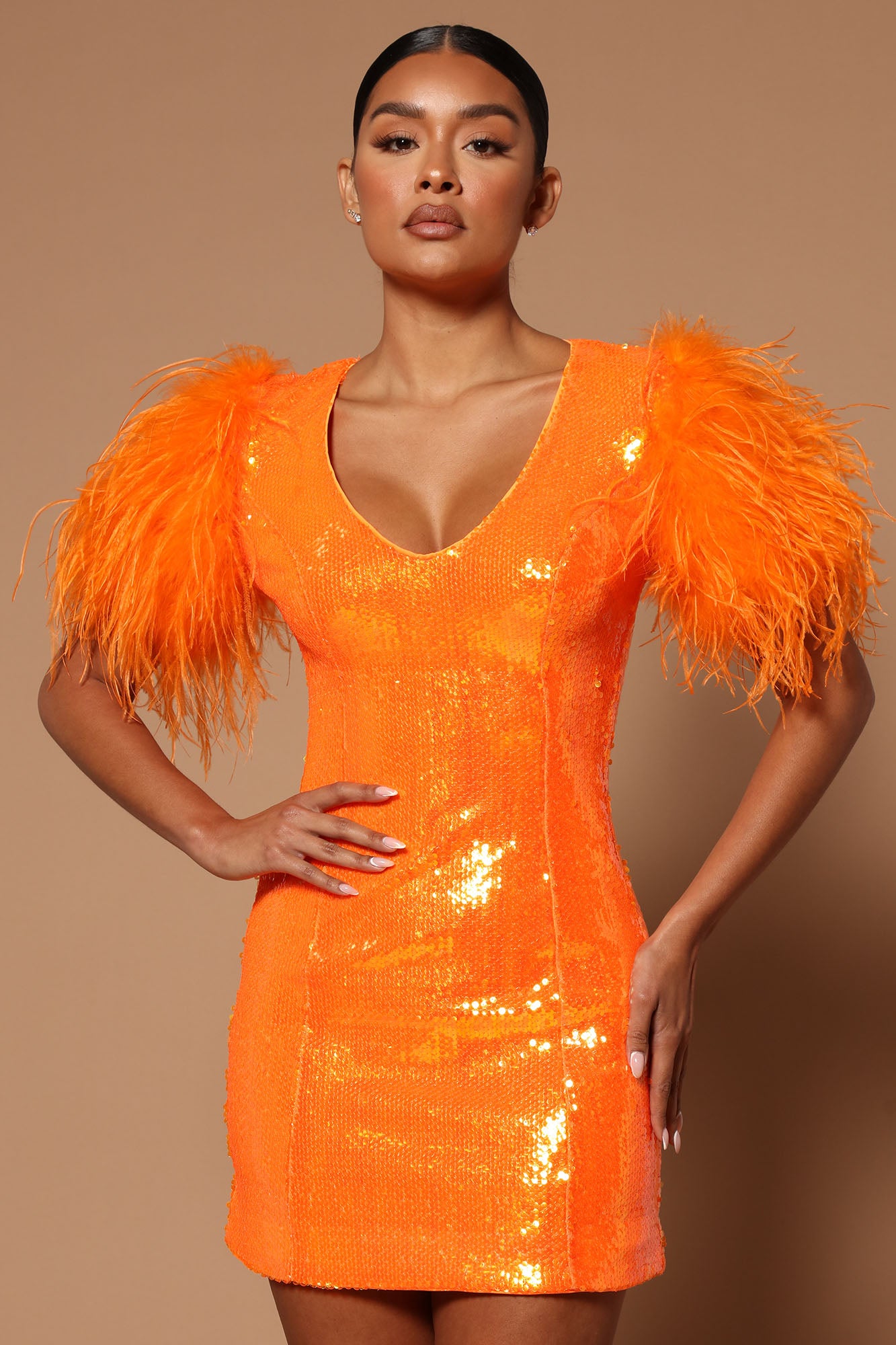 Amina Sequin Feathered Mini Dress - Orange