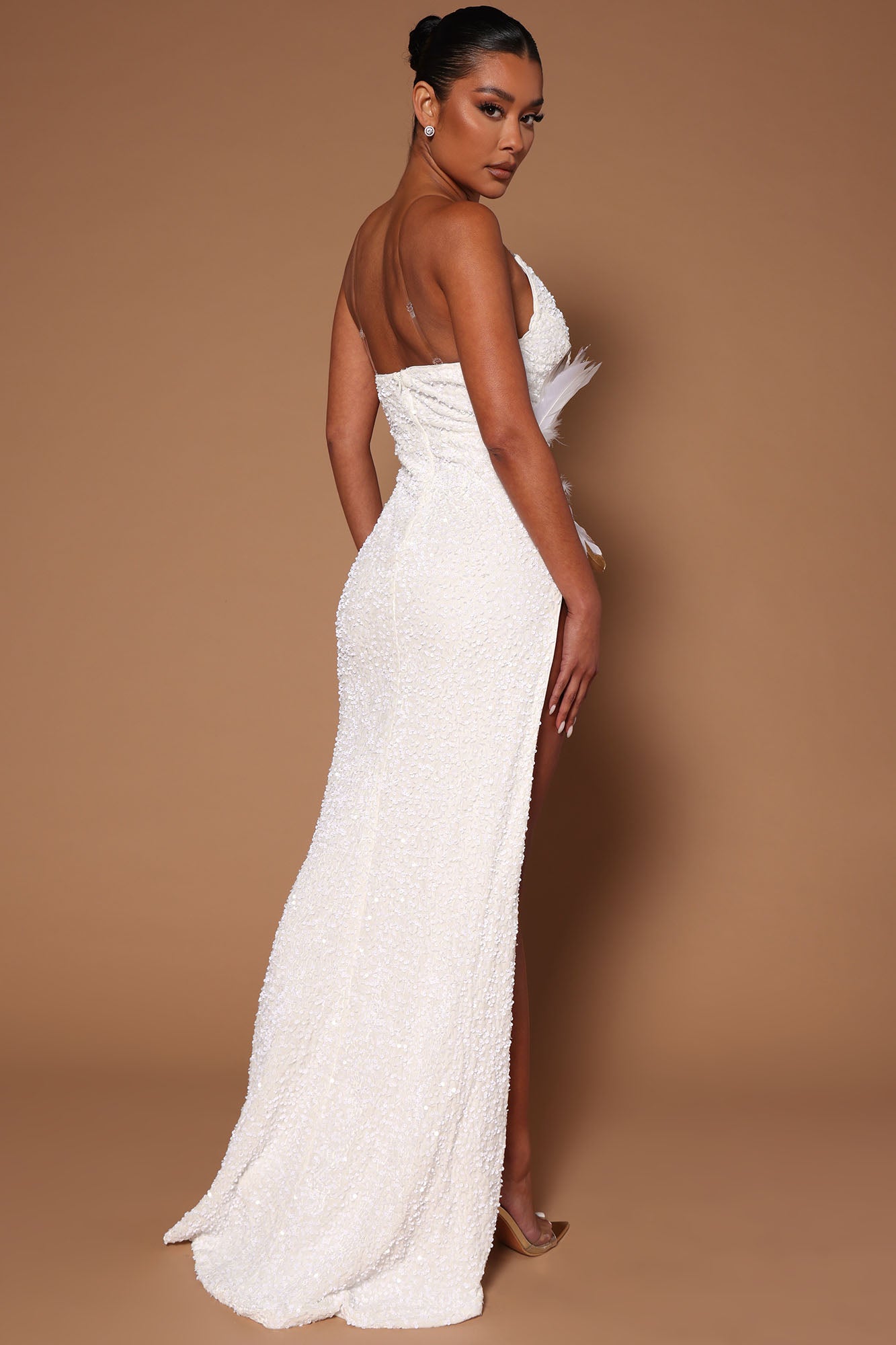 Ariana Sequin Feather Maxi Dress - White