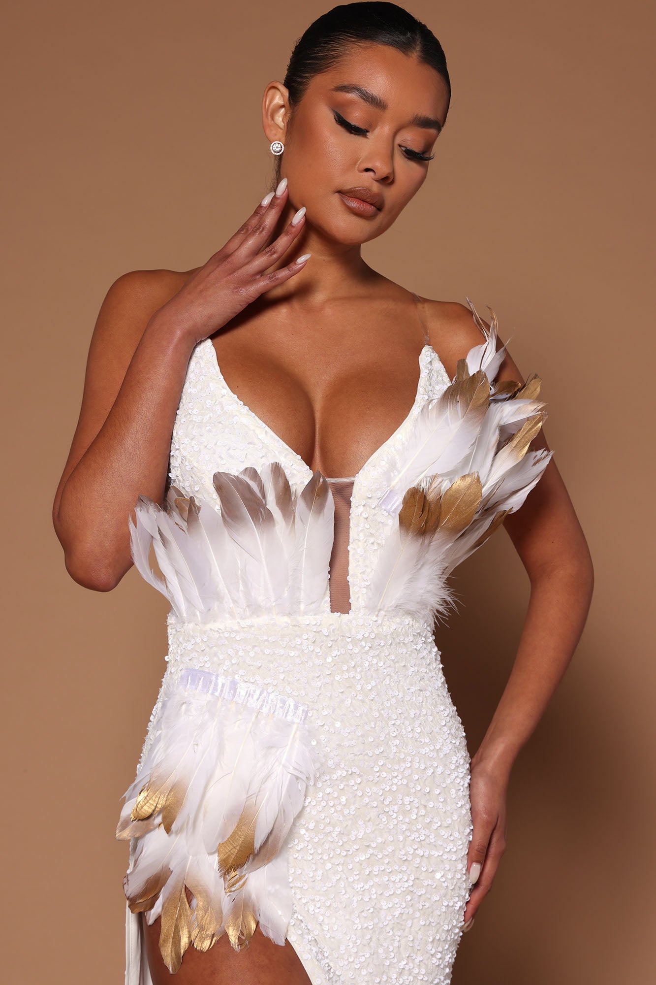 Ariana Sequin Feather Maxi Dress - White