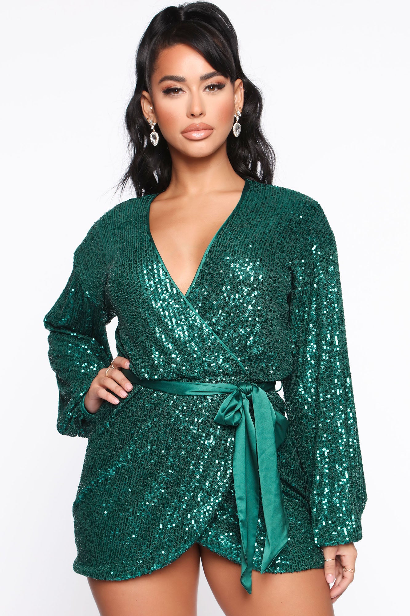 All Of The Lights Sequin Mini Dress - Hunter Green