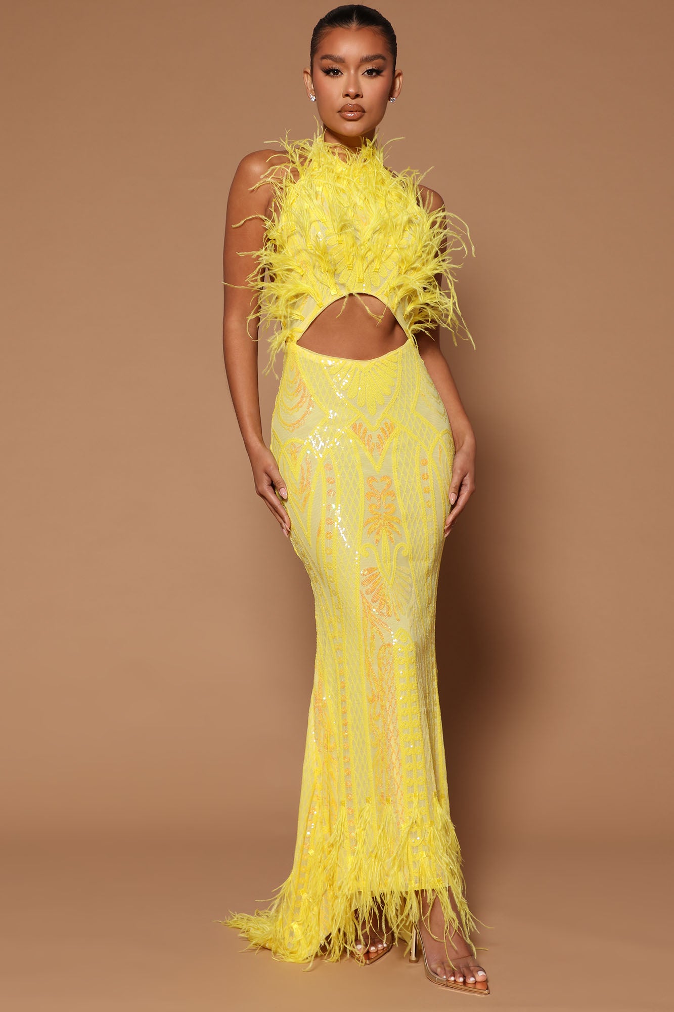 Carolina Feather Embellished Maxi Dress - Yellow