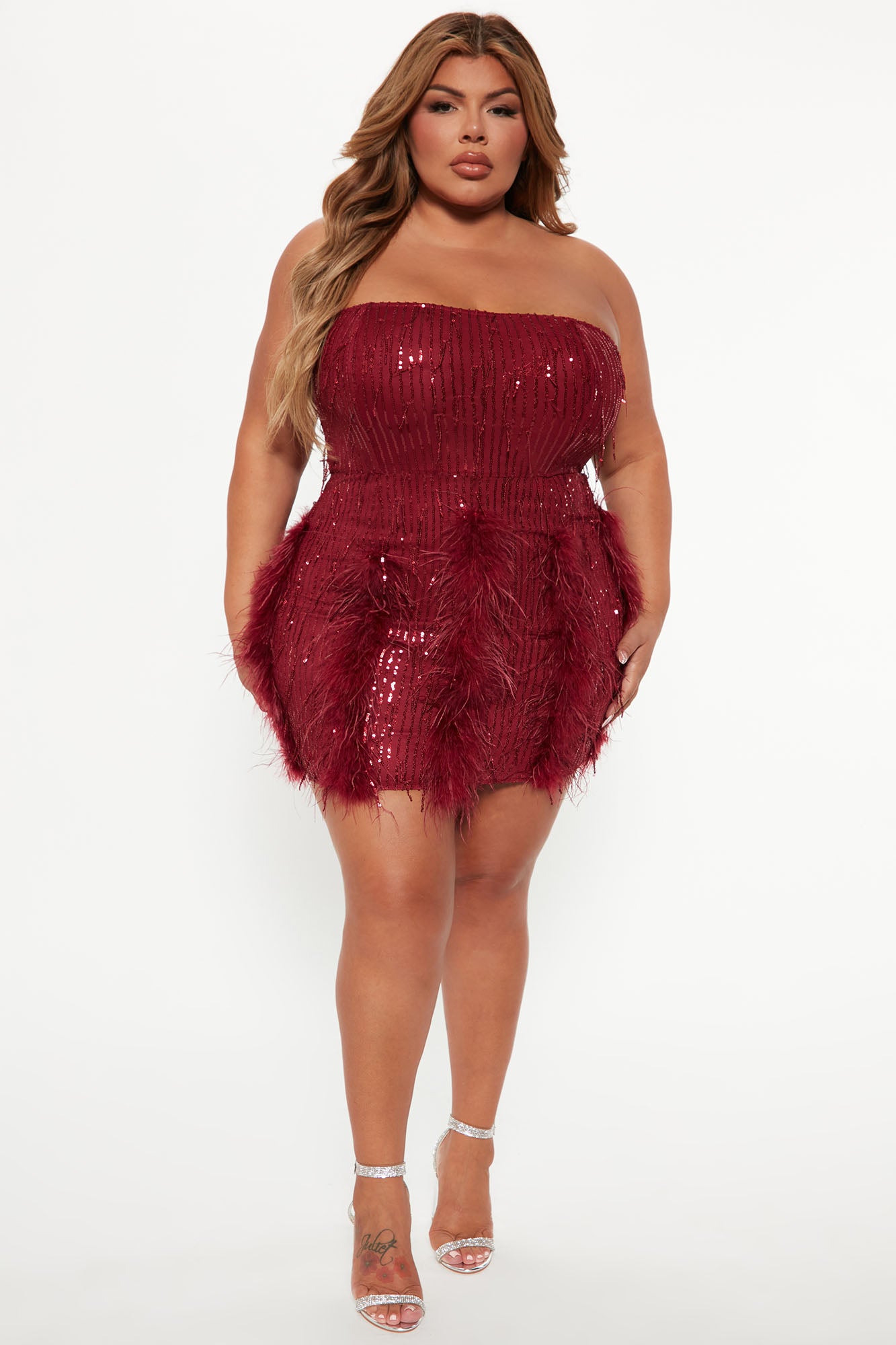 Call Me Feather Sequin Mini Dress - Burgundy