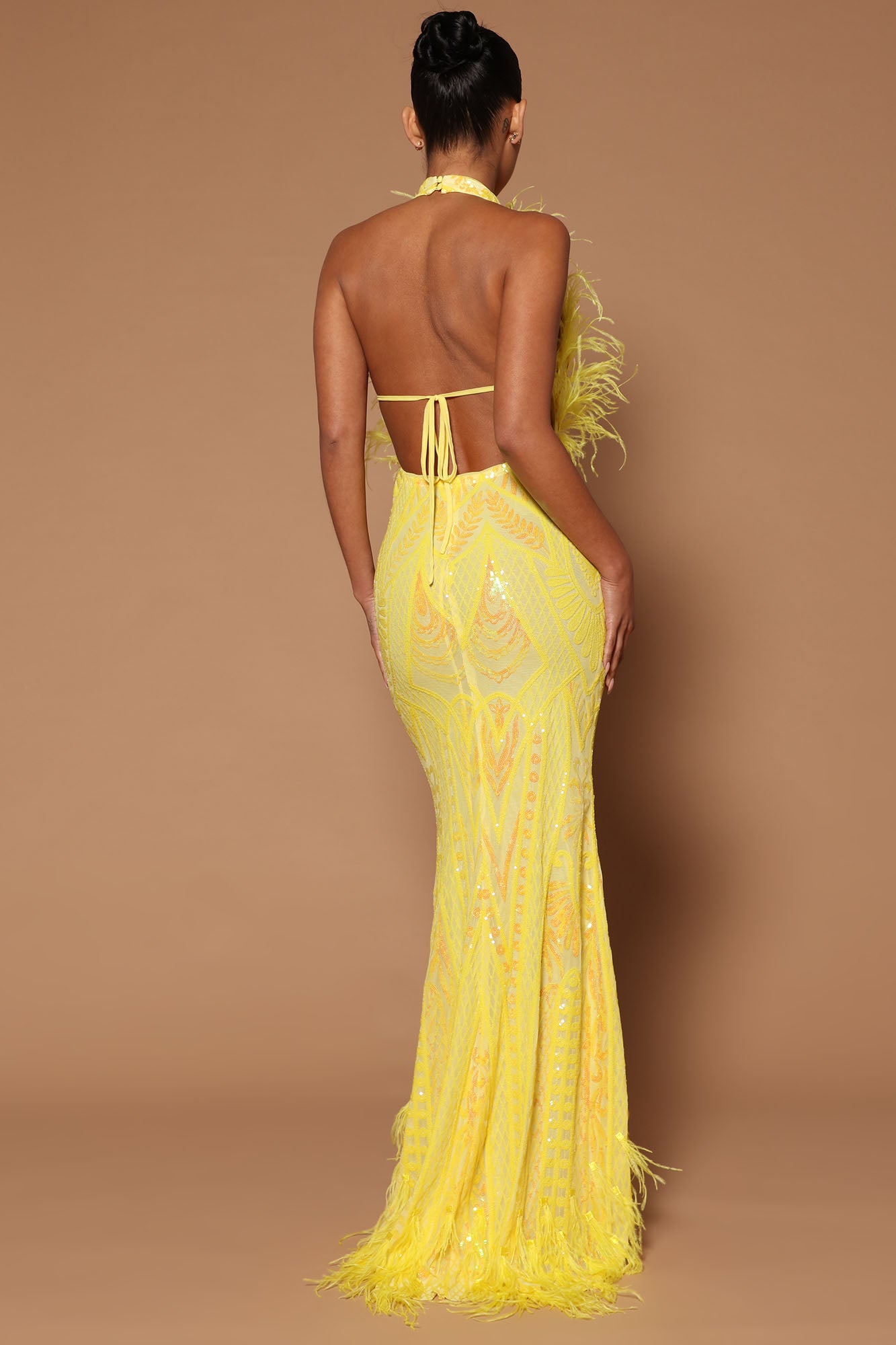 Carolina Feather Embellished Maxi Dress - Yellow