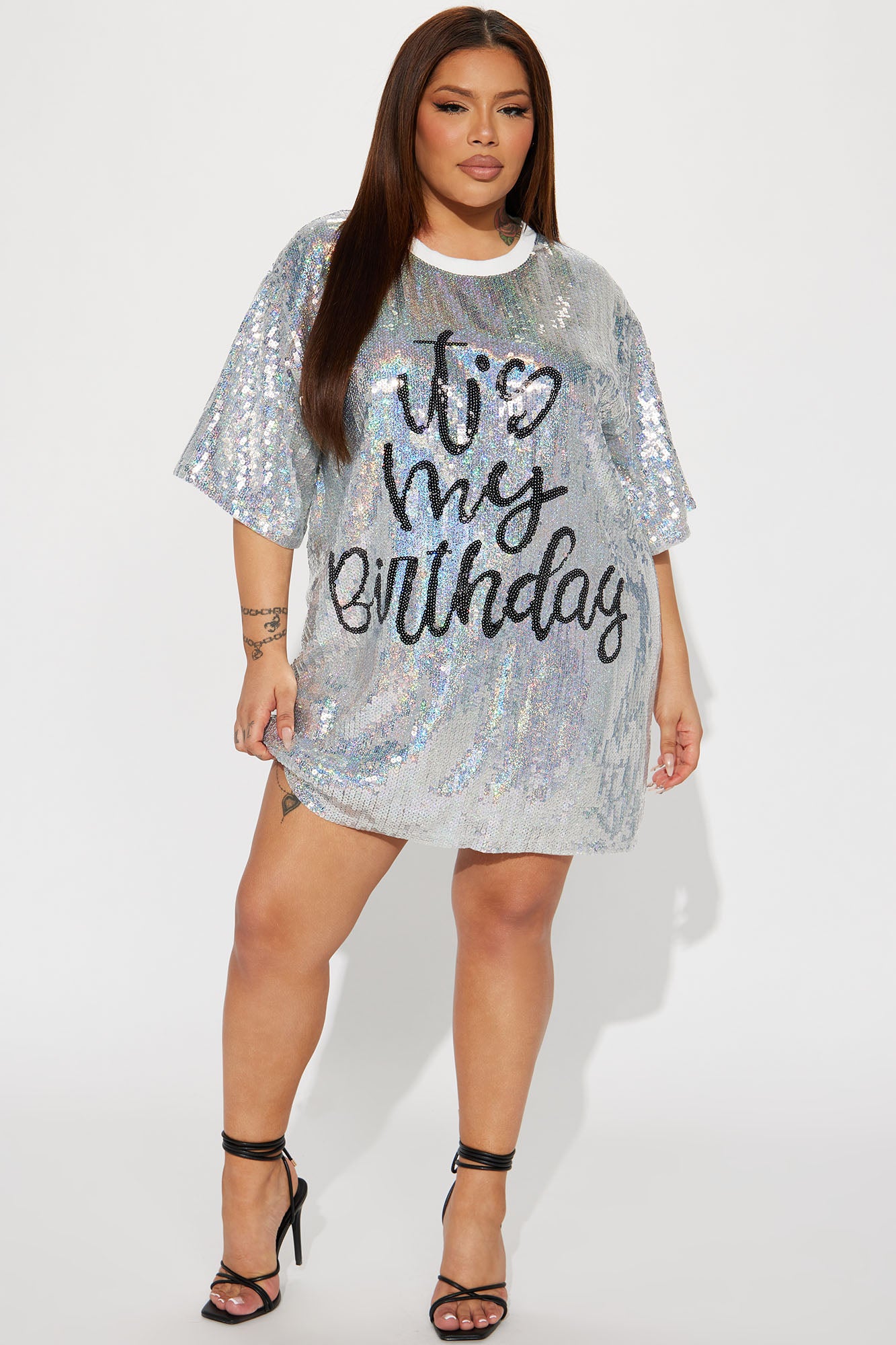 Birthday Queen Sequin Shirt Dress - Silver/Black