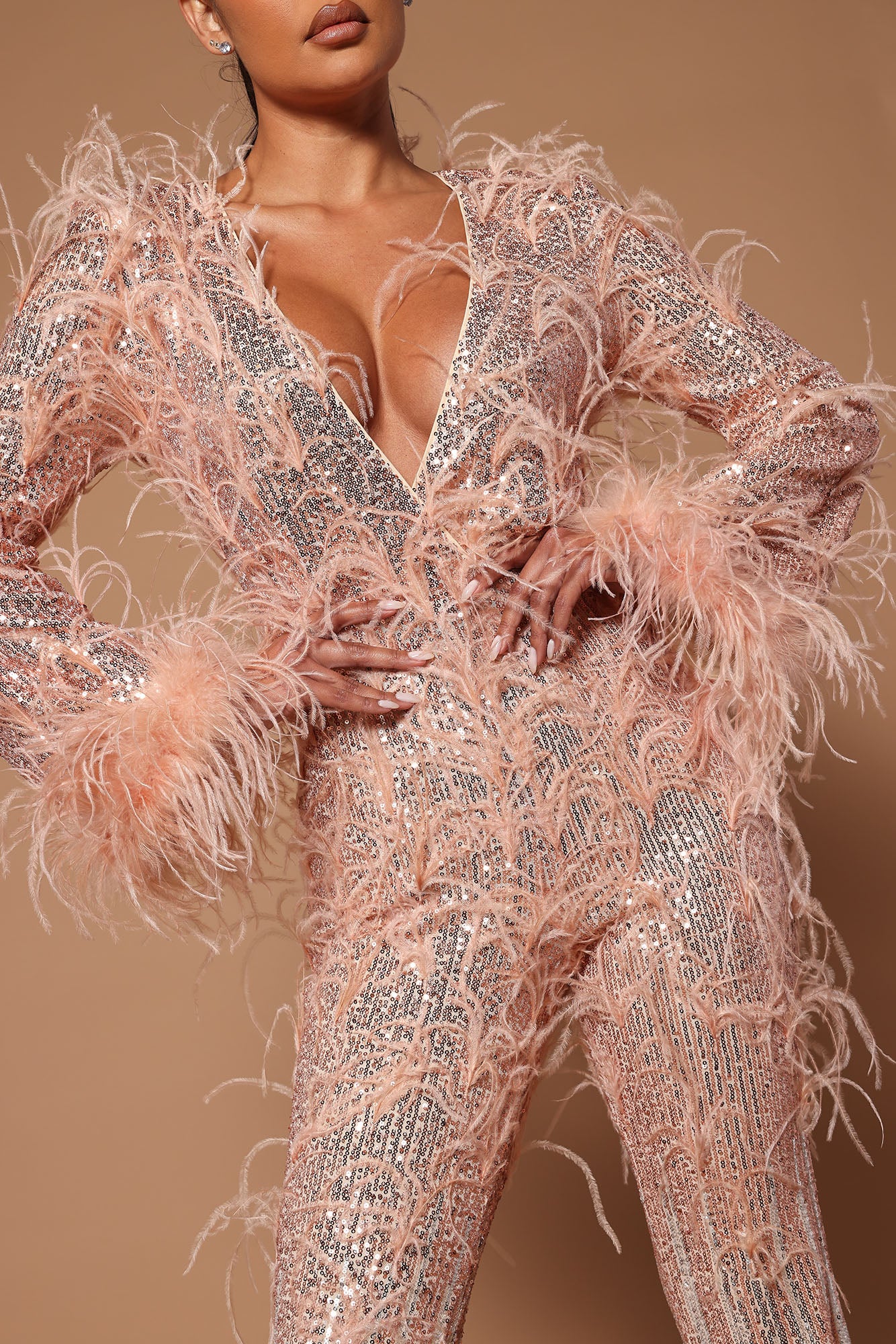 Ashlyn Sequin Feather Trim  Jumpsuit - Nude