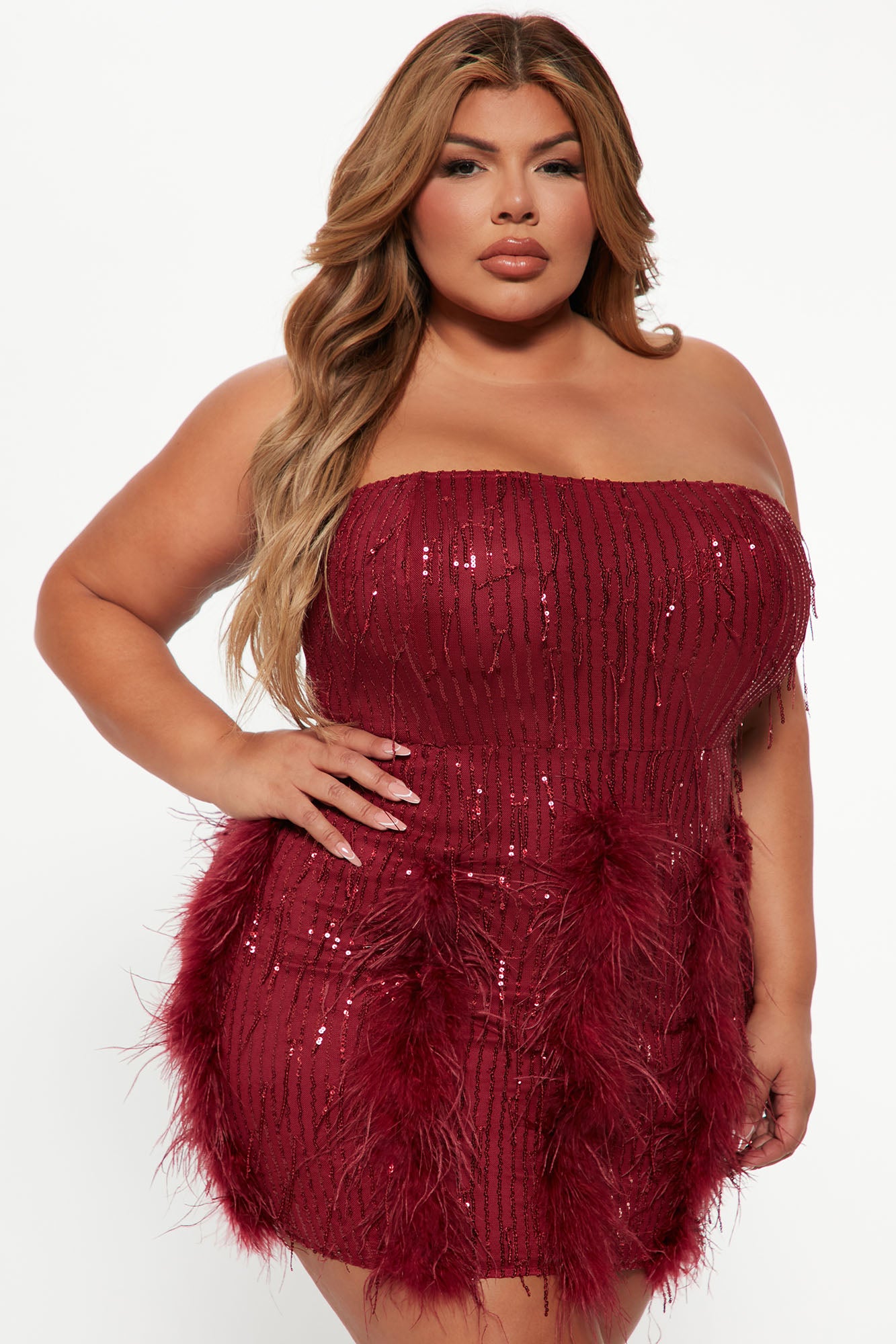 Call Me Feather Sequin Mini Dress - Burgundy