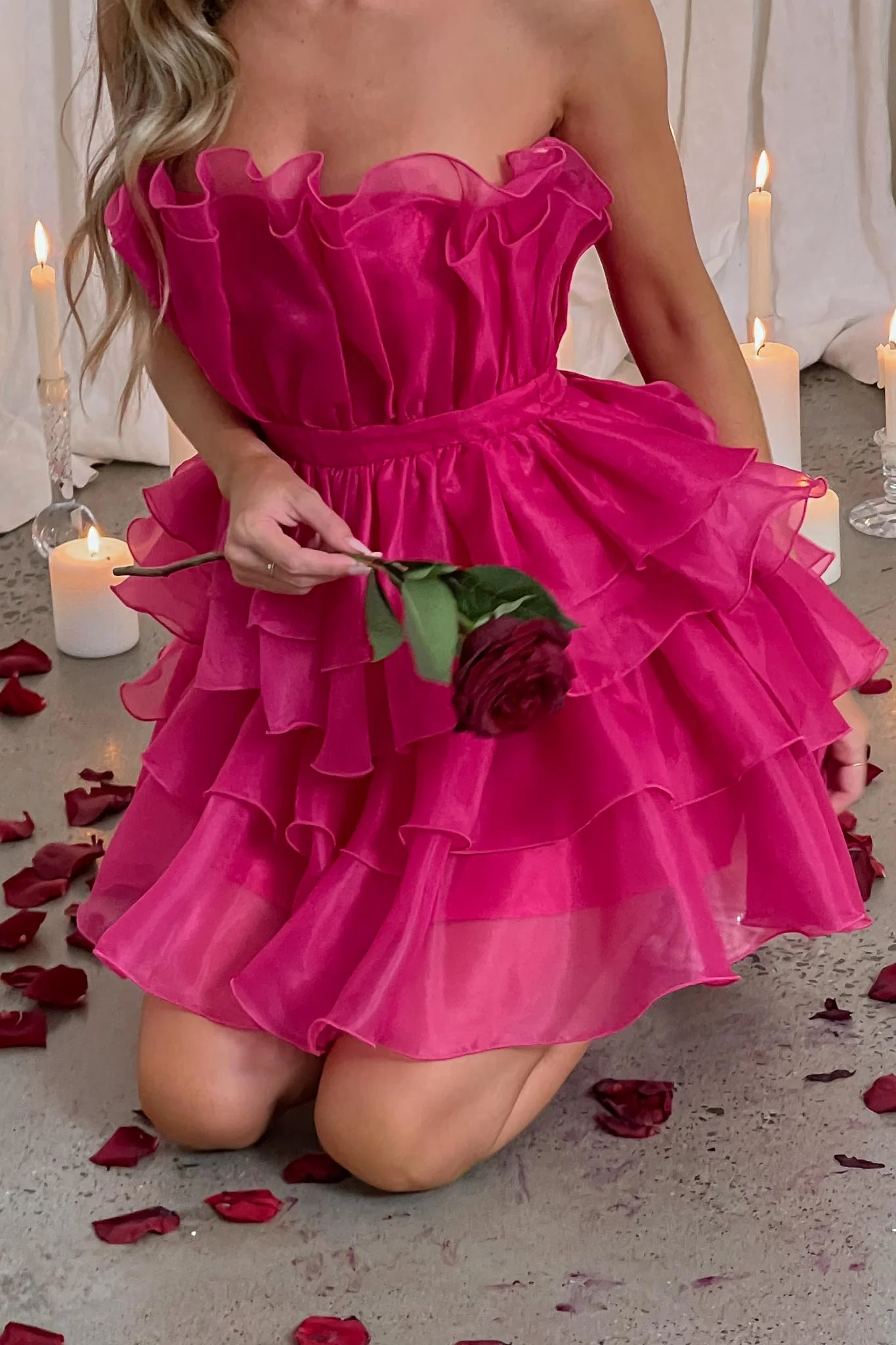 Bon Bon Tiered Chiffon Mini Dress Fuchsia