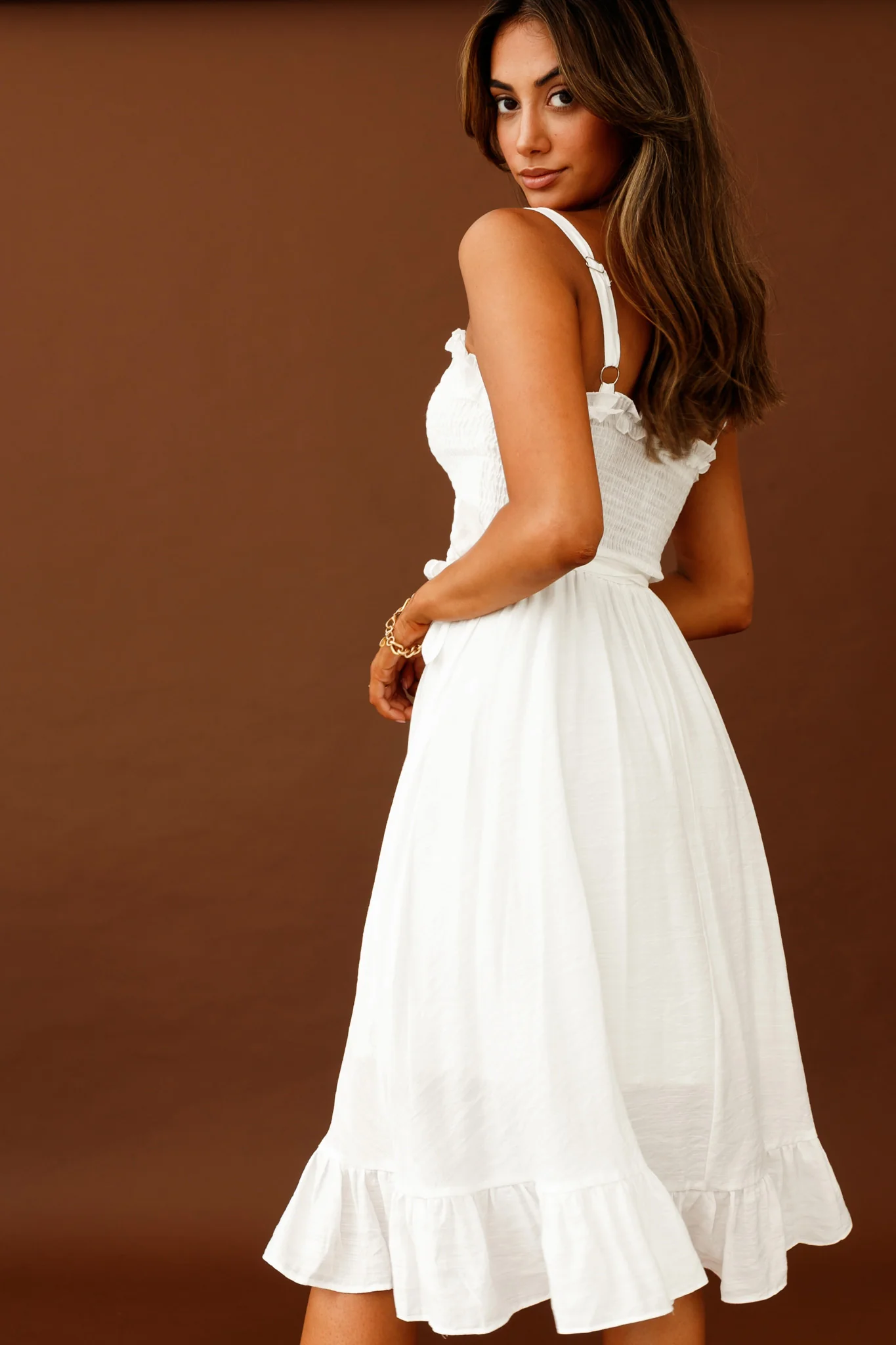 Honey Shirred Frill Midi Dress White