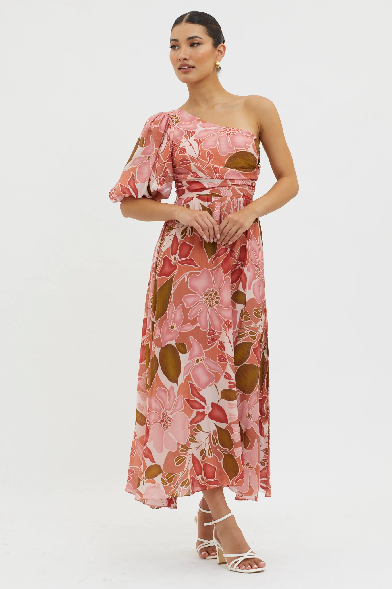 Jayni Puffed One Shoulder Midi Dress Red