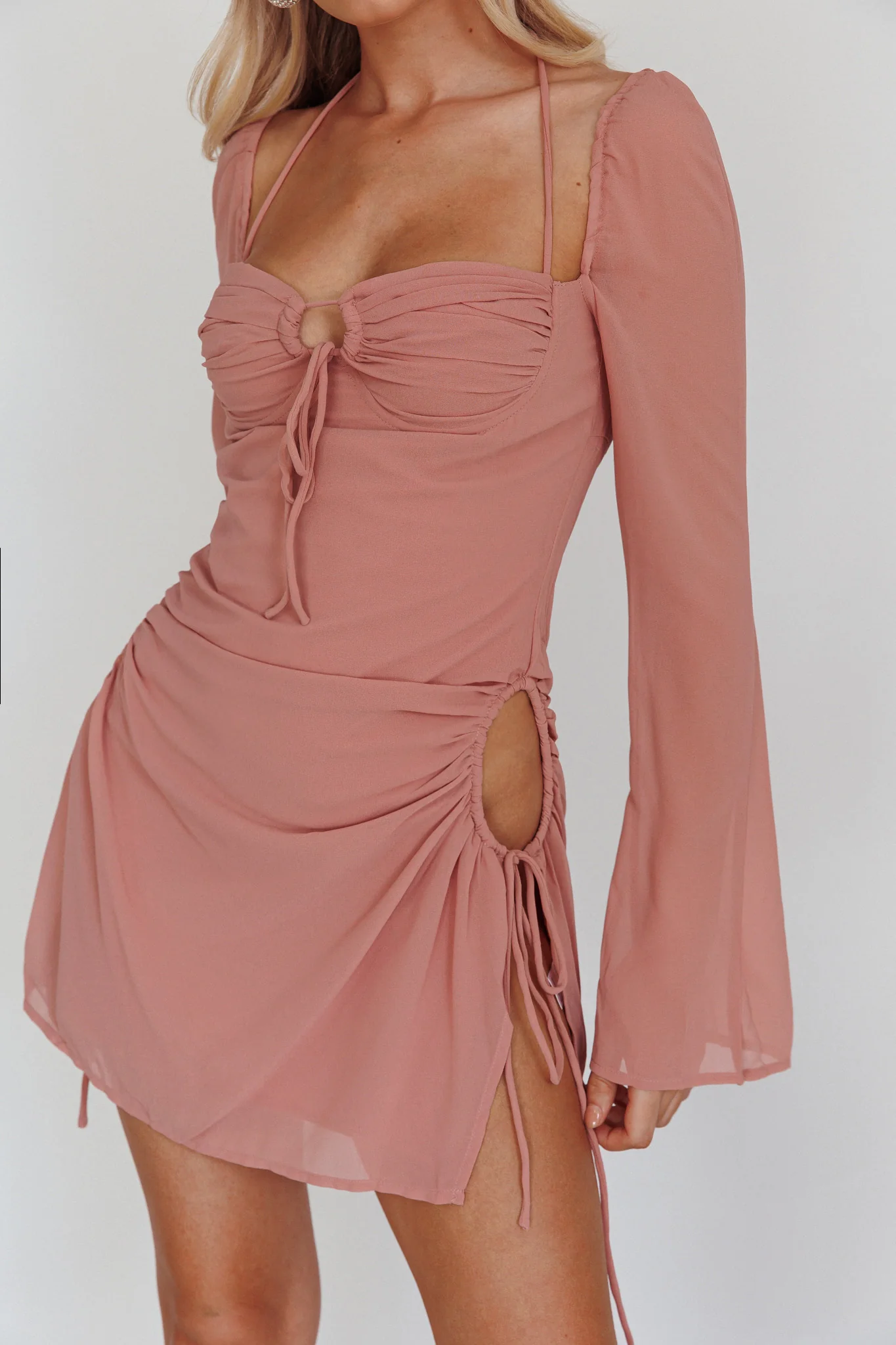 Etta Drawstring Long Sleeve Mini Dress Blush