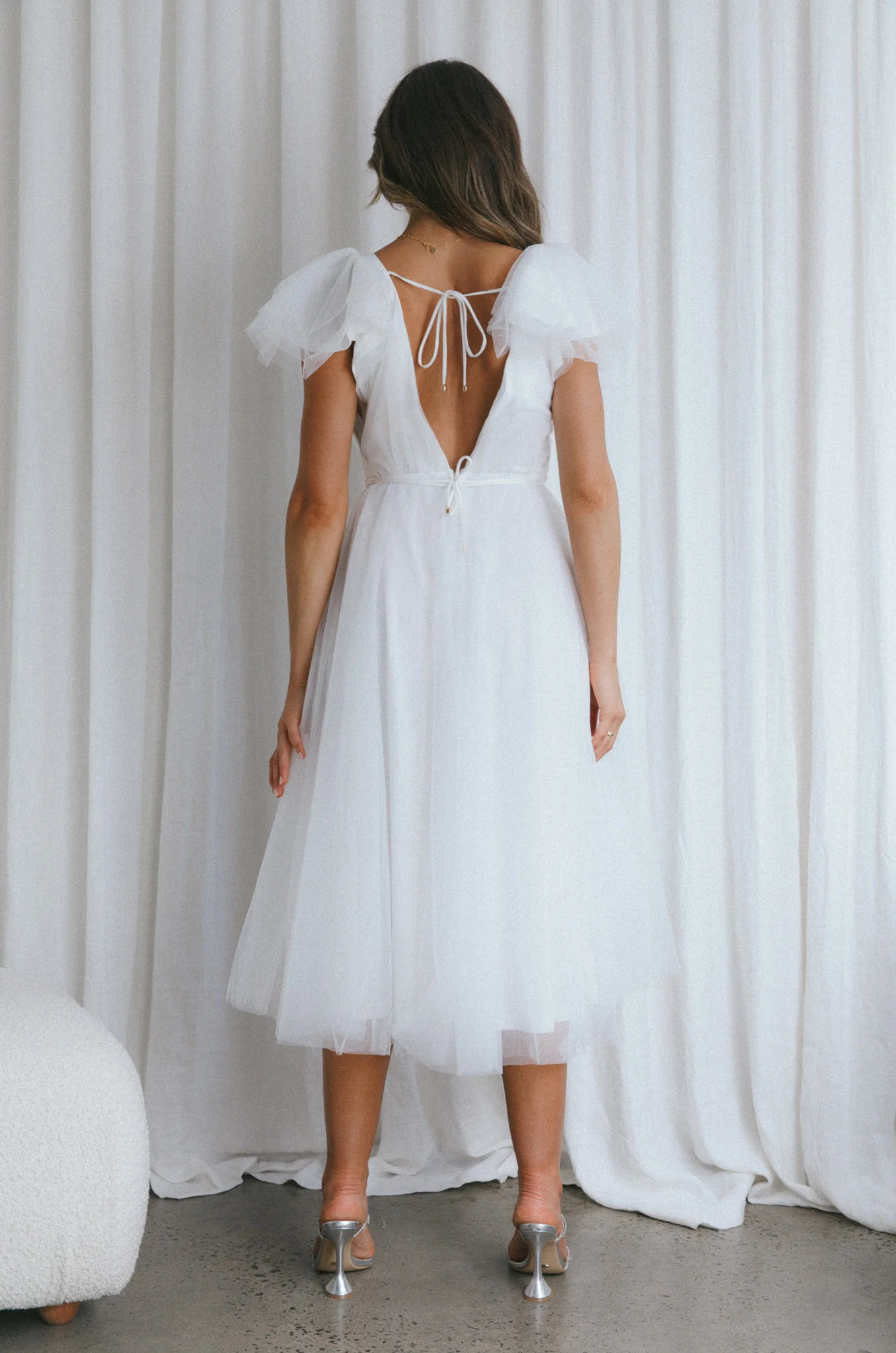 Leap Of Faith Frill Shoulder Tulle Midi Dress White