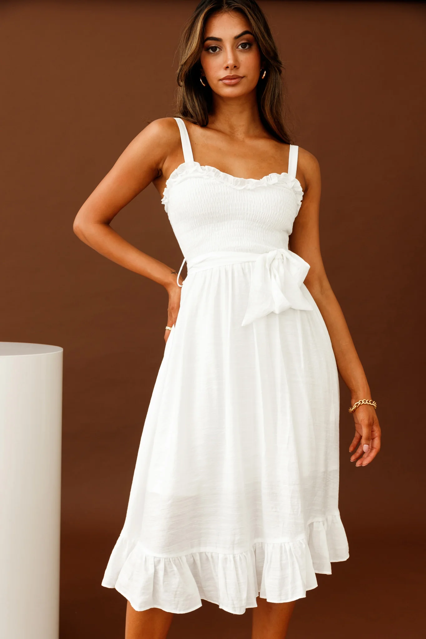Honey Shirred Frill Midi Dress White