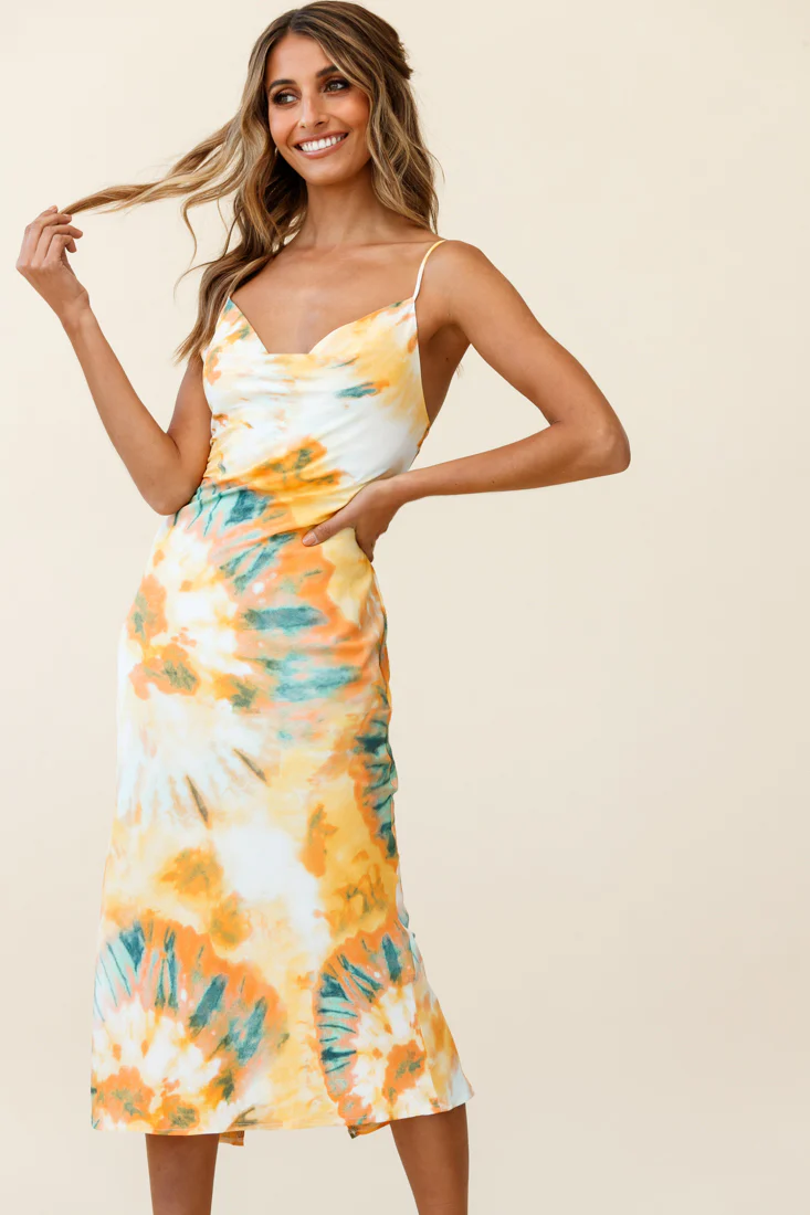 Show Me Love Cowl Neck Midi Dress Tie-Dye Orange Multi