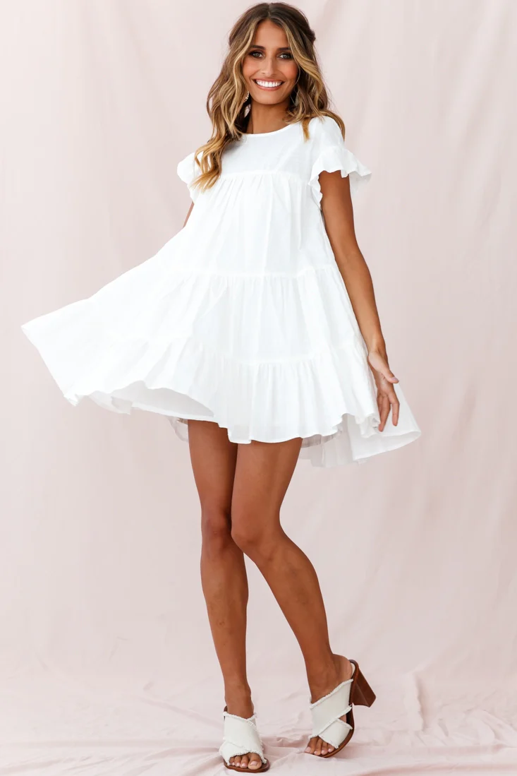 Hyacinth Ruffle Sleeve Smock Dress White