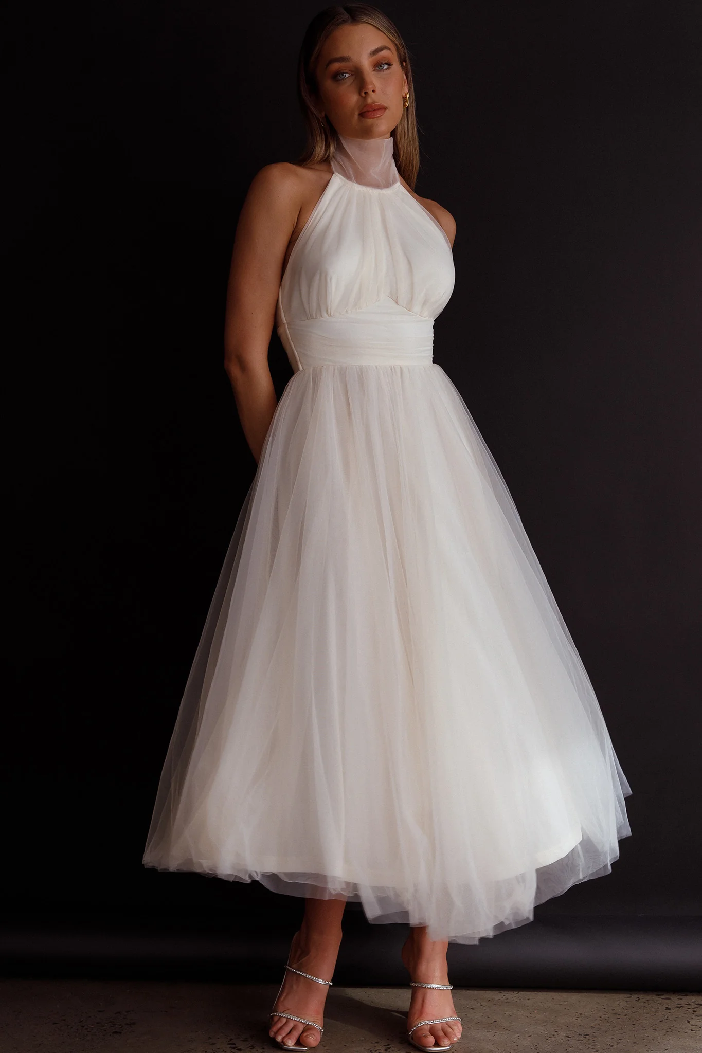 Andria Halterneck Tulle Midi Dress Ivory