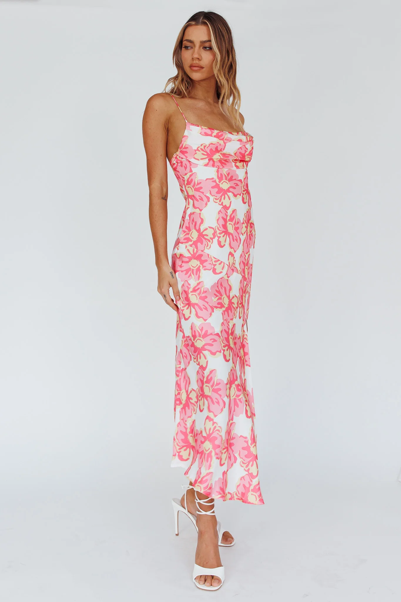 Well Versed Pleated Bust Front Split Dress Flowers Pink