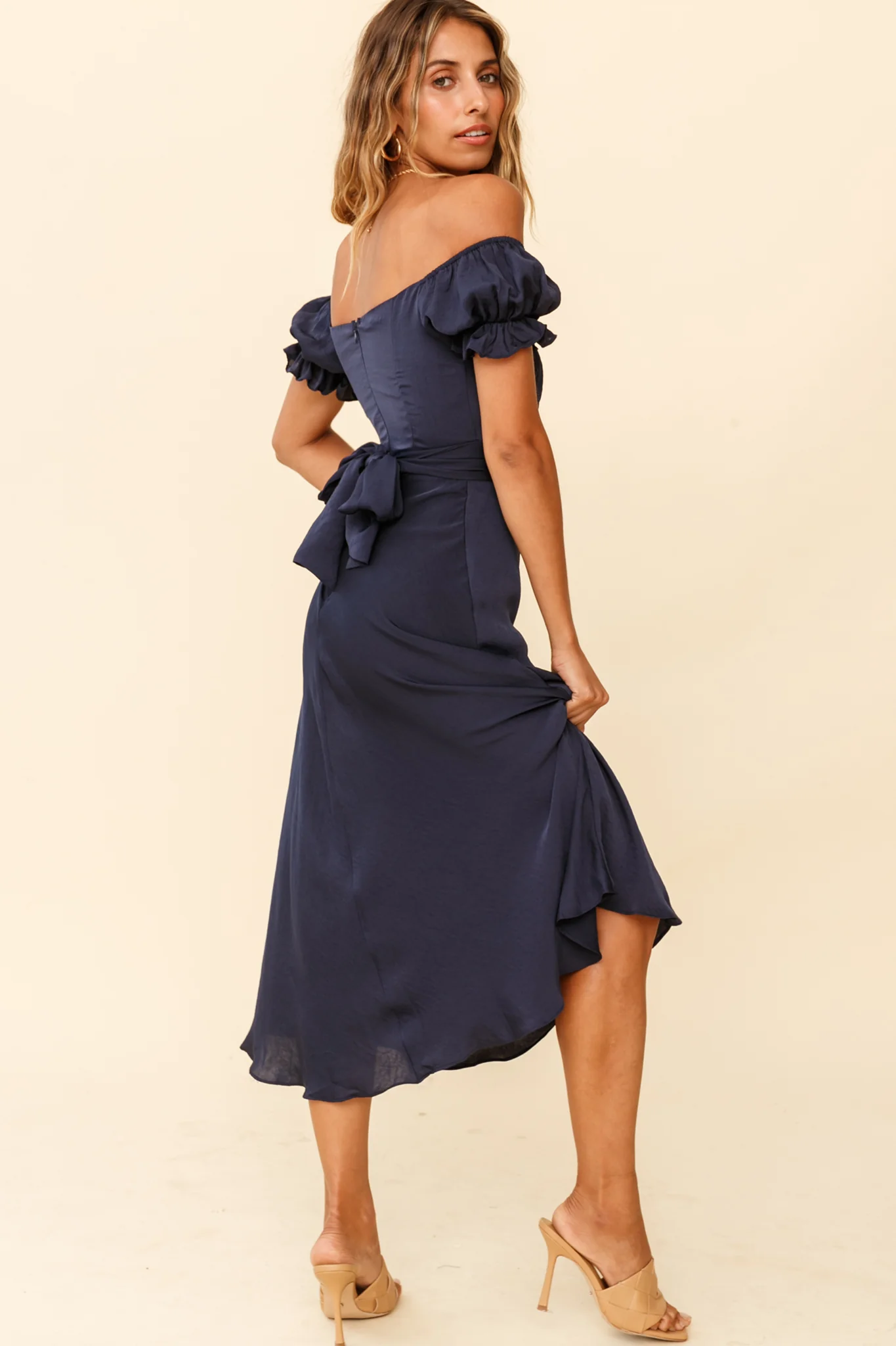 Linka Off-Shoulder Tie Back Midi Dress Navy
