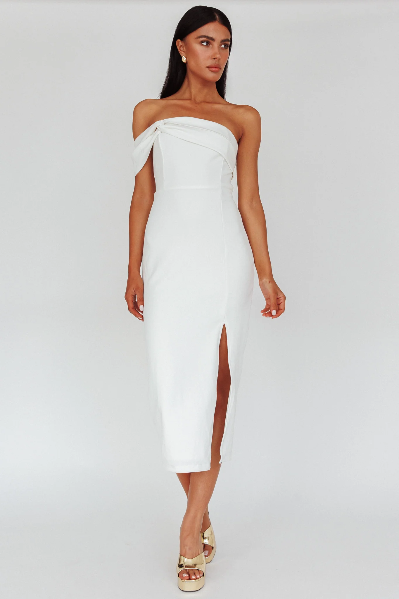 First Impressions One Shoulder Midi Dress White