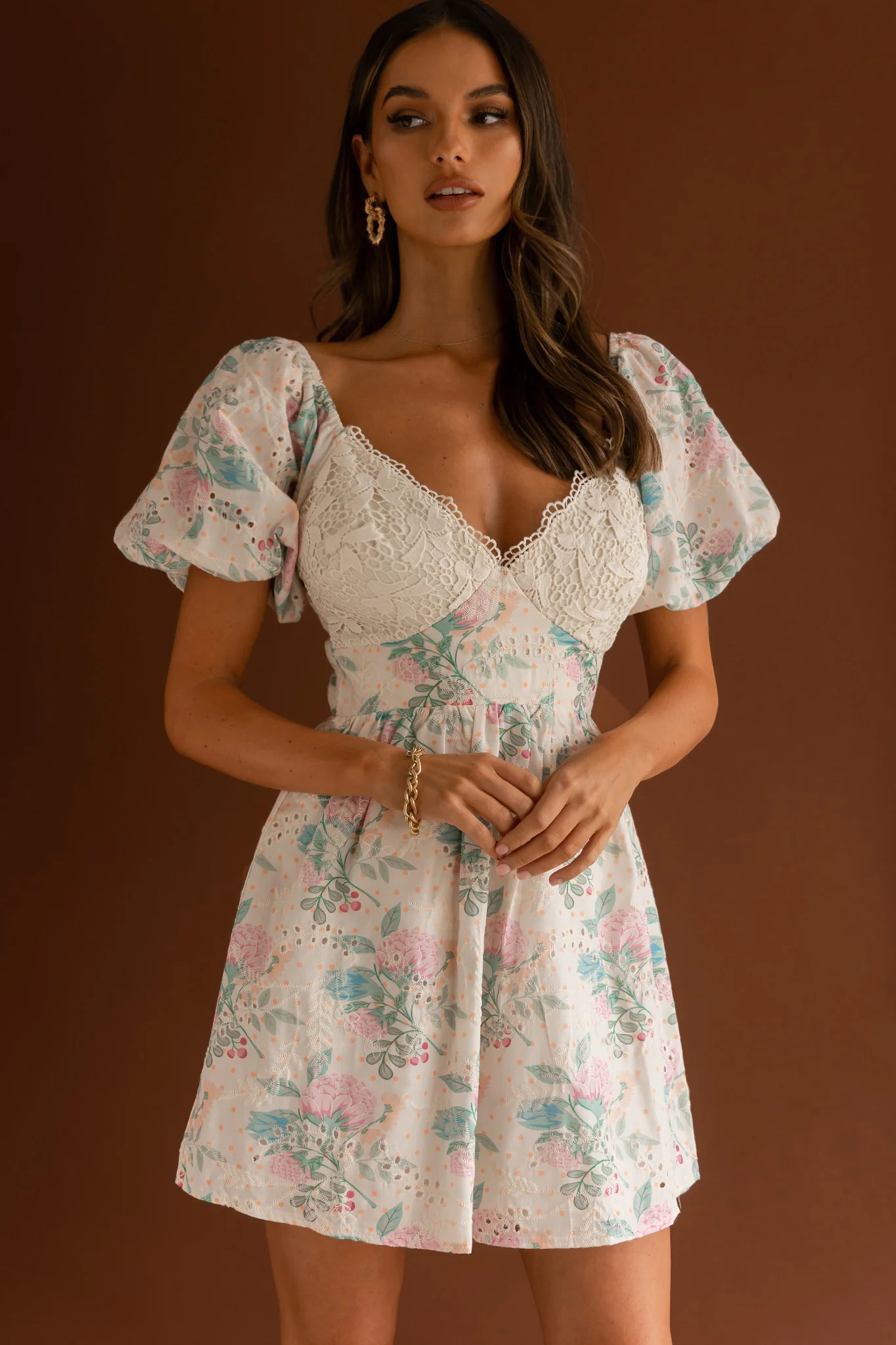 Lovers Lane Lace Trim Puff Sleeve Dress Floral Apricot