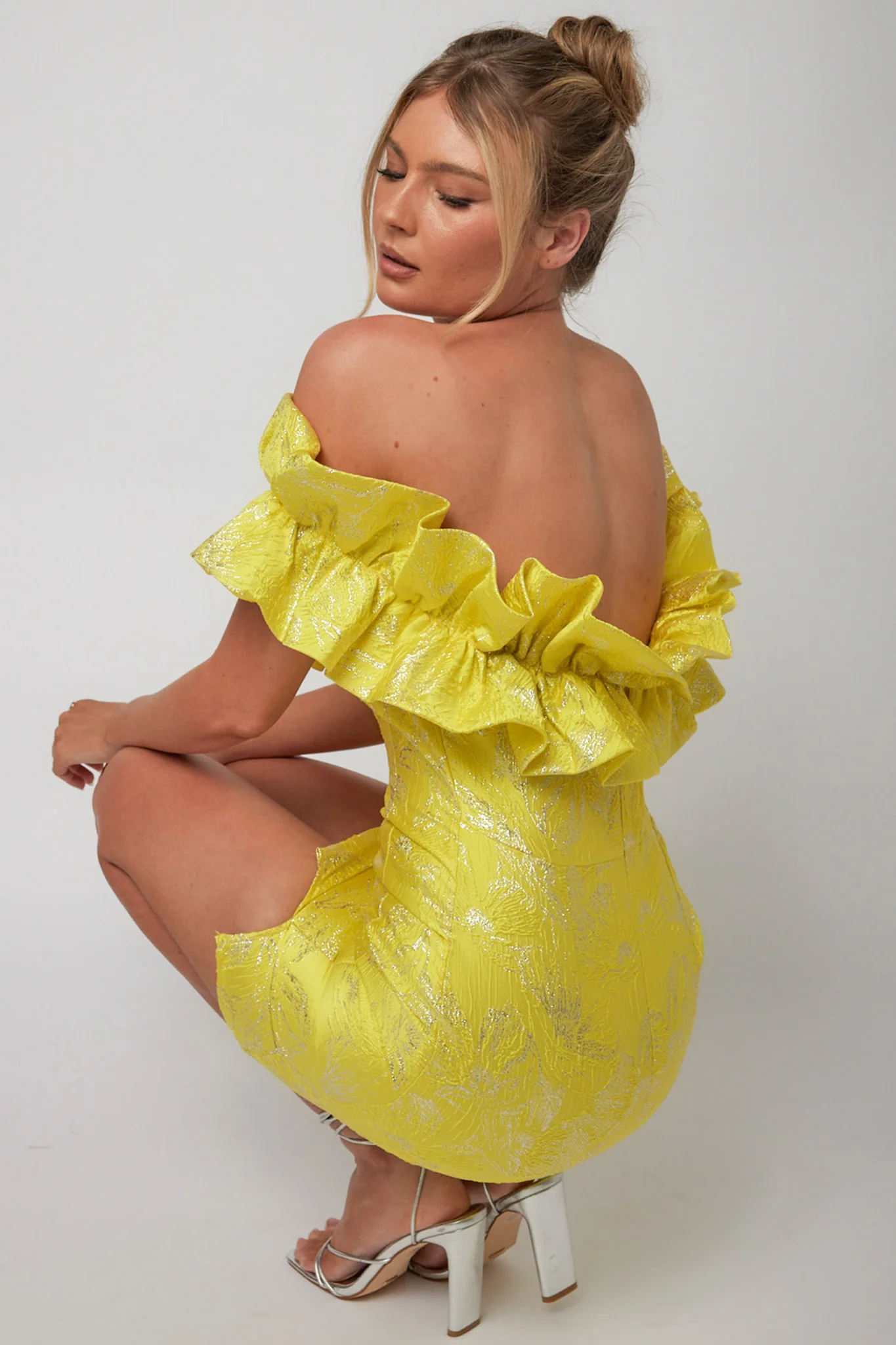 Memoire Off-Shoulder Jacquard Mini Dress Yellow