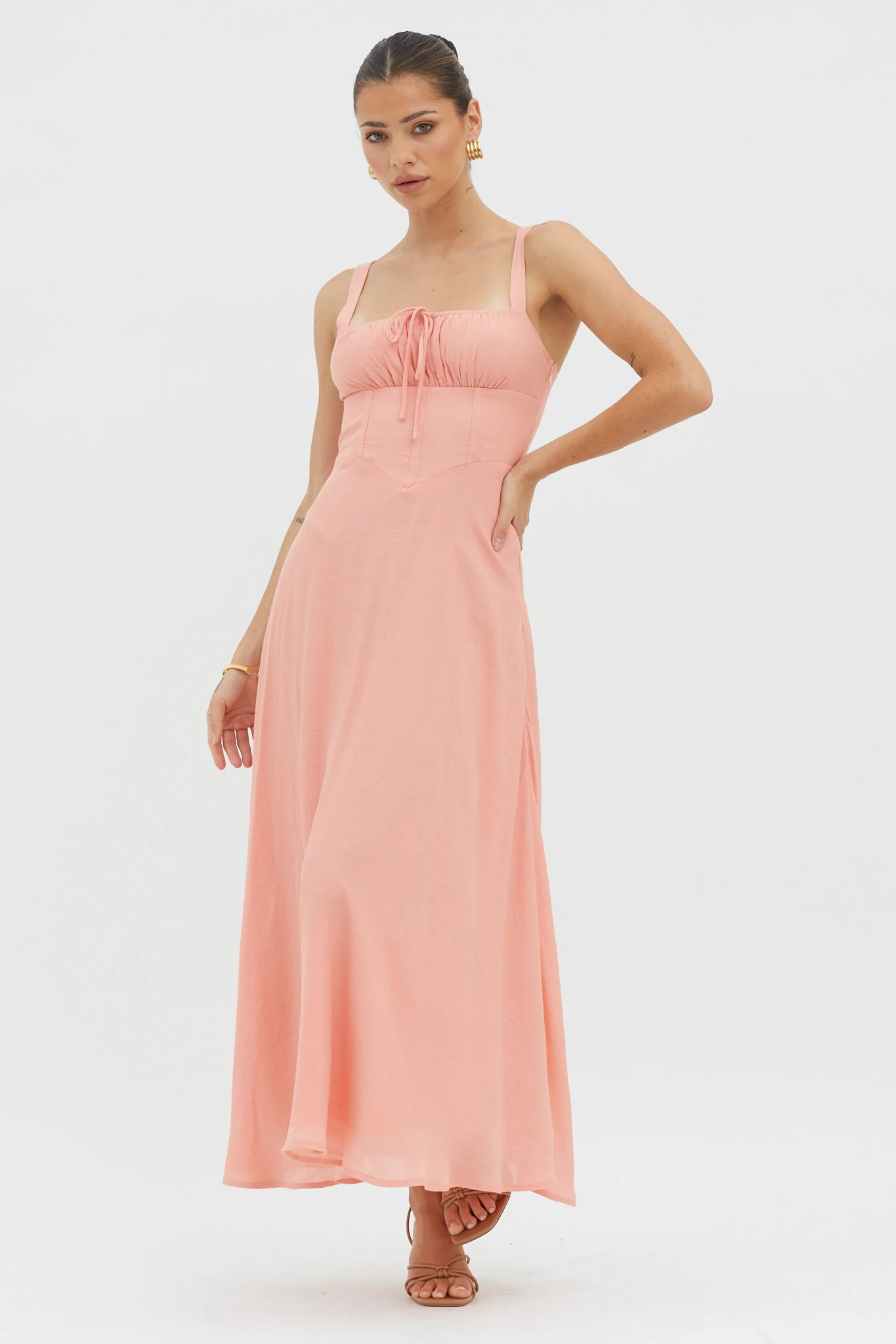Sweet Pea Tied Bust A-Line Midi Dress Peach