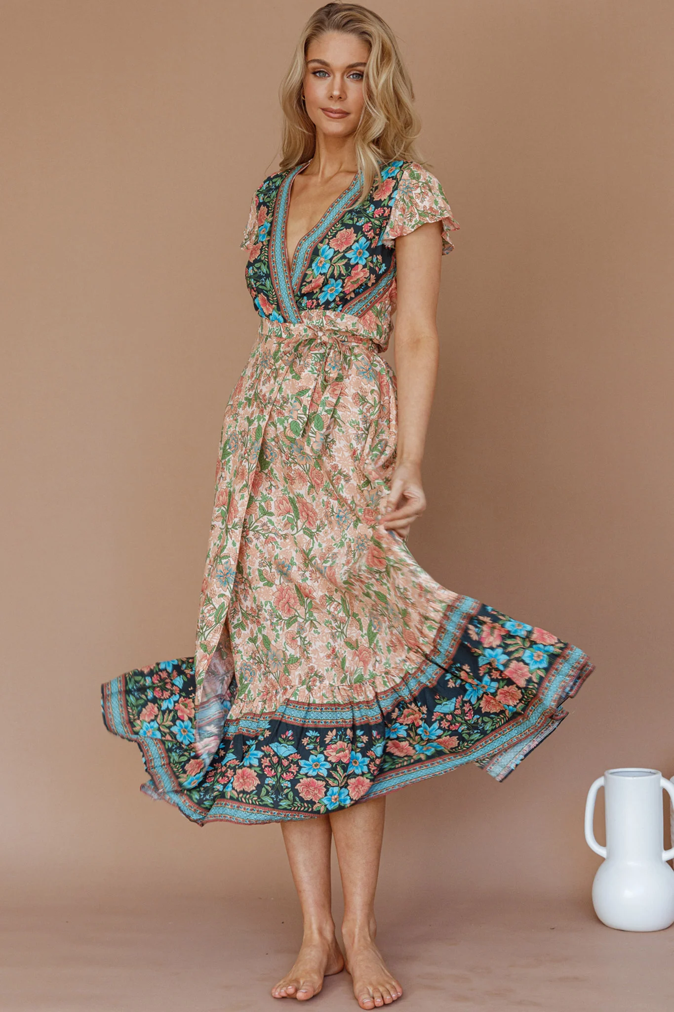 Mayan Angel Sleeve Wrap Midi Dress Floral Nude
