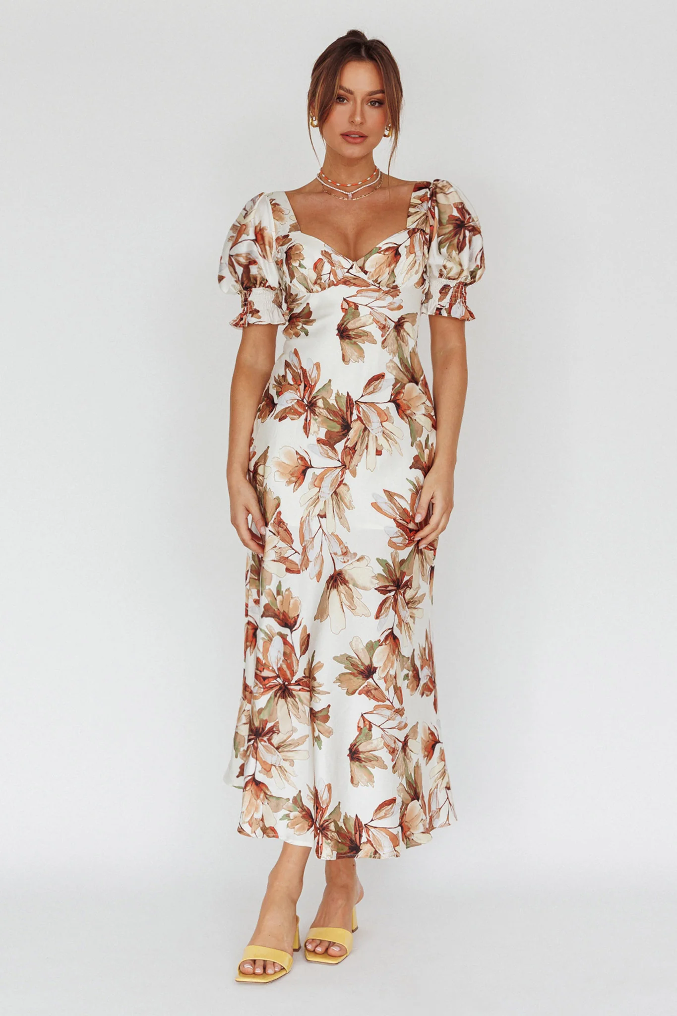 Brigita Tied Back Midi Dress Floral Brown