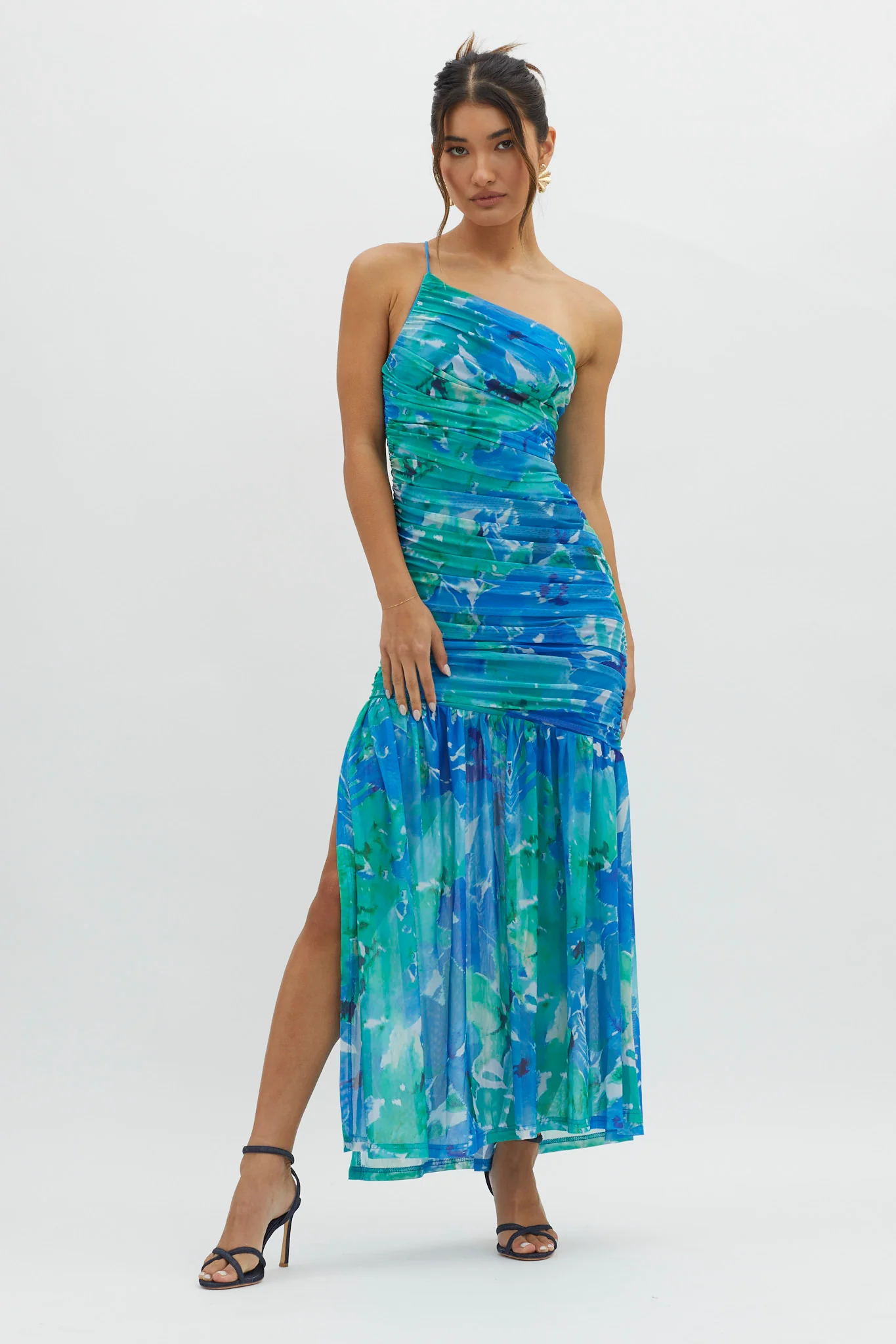 Golden Sun One-Shoulder Ruched Maxi Dress Green