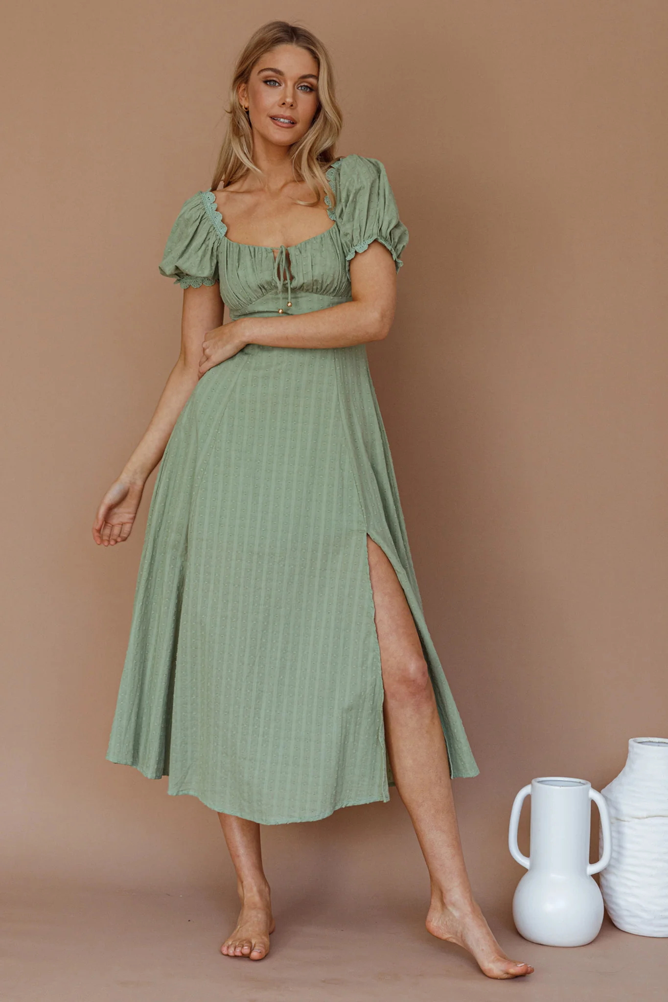 Chablis Gathered Bust Puff Sleeve Midi Dress Sage