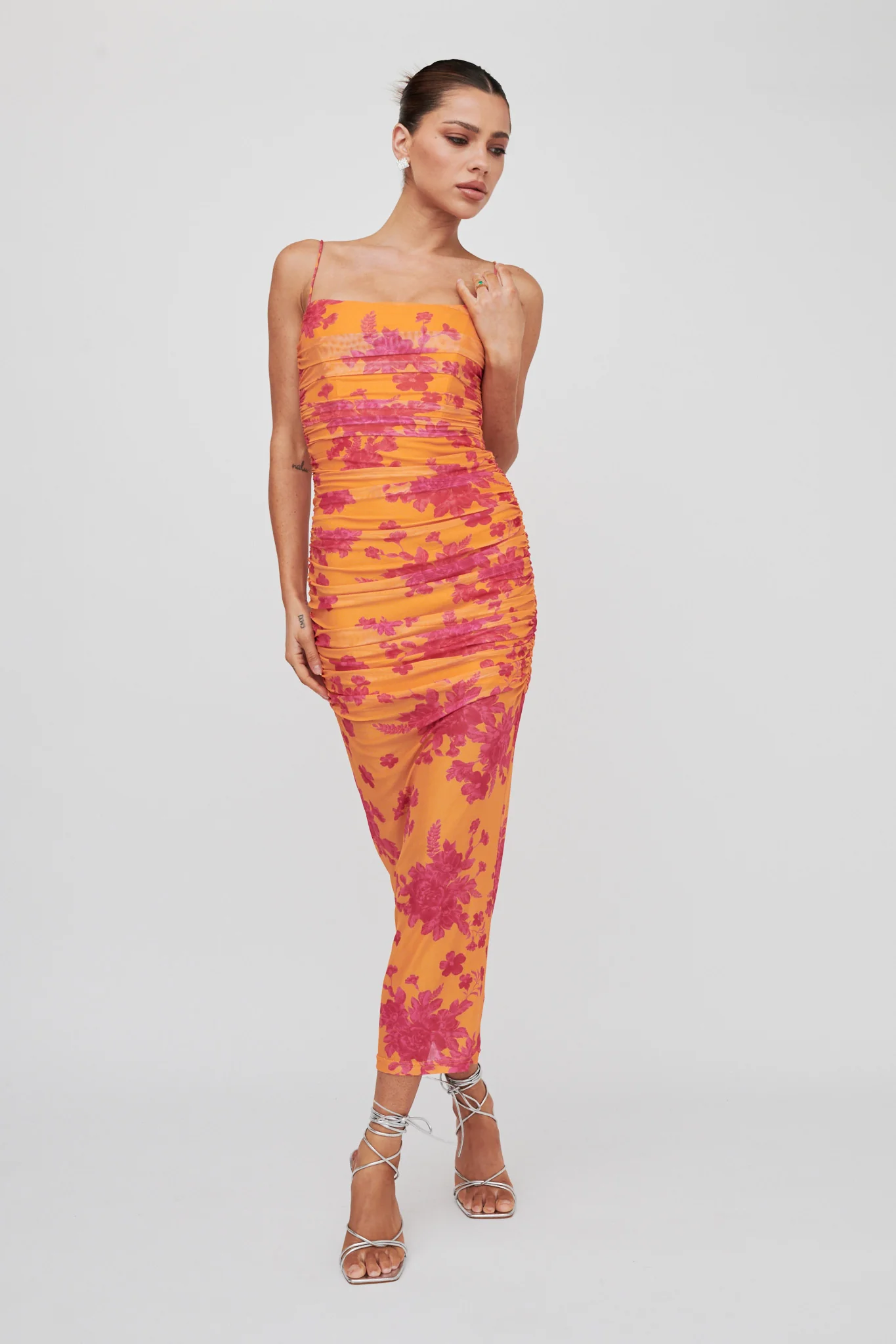 Logan Cami Strap Midi Dress Flower Orange