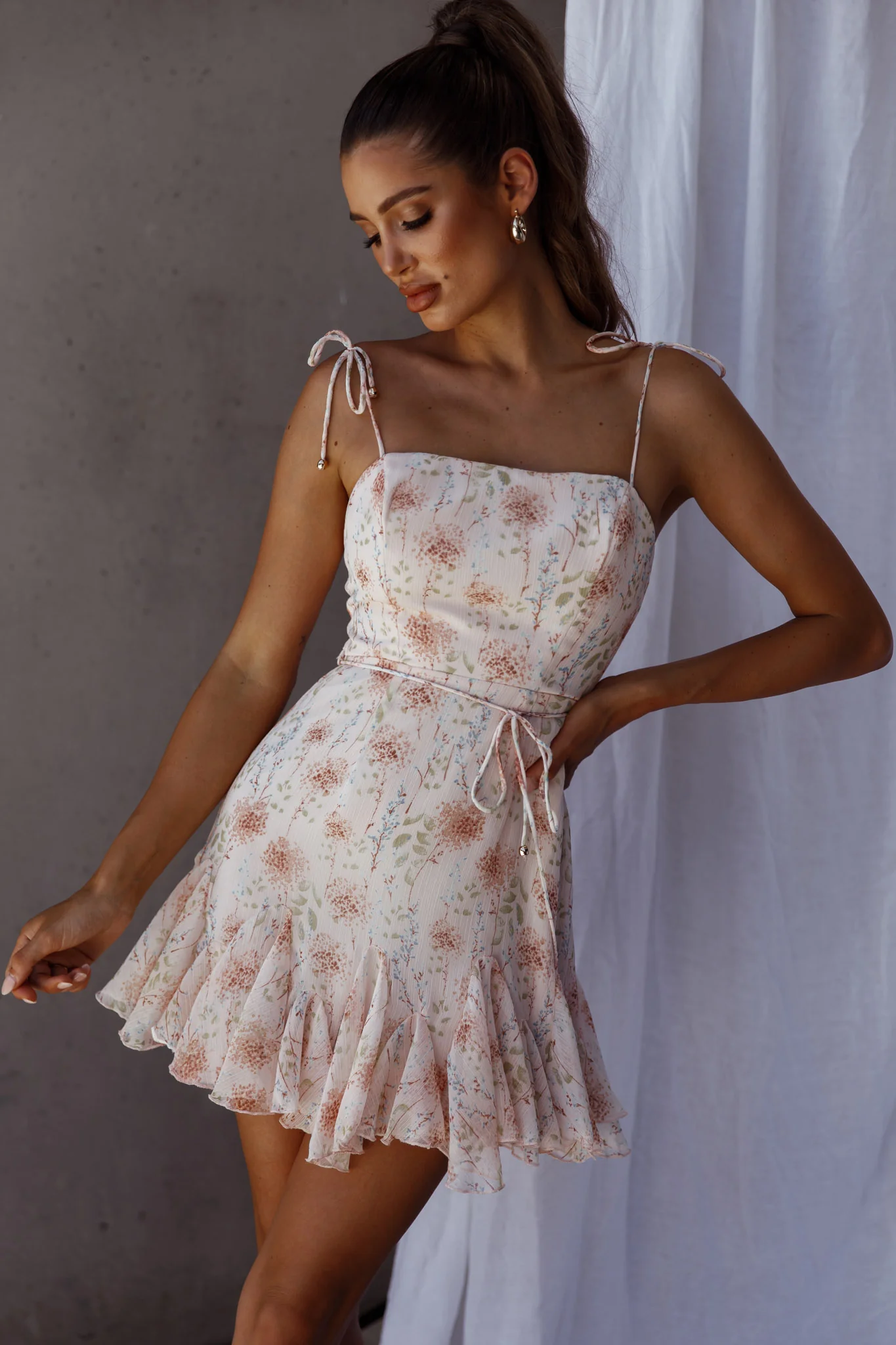 Charliza String Tie Godet Hem Dress Floral Peach
