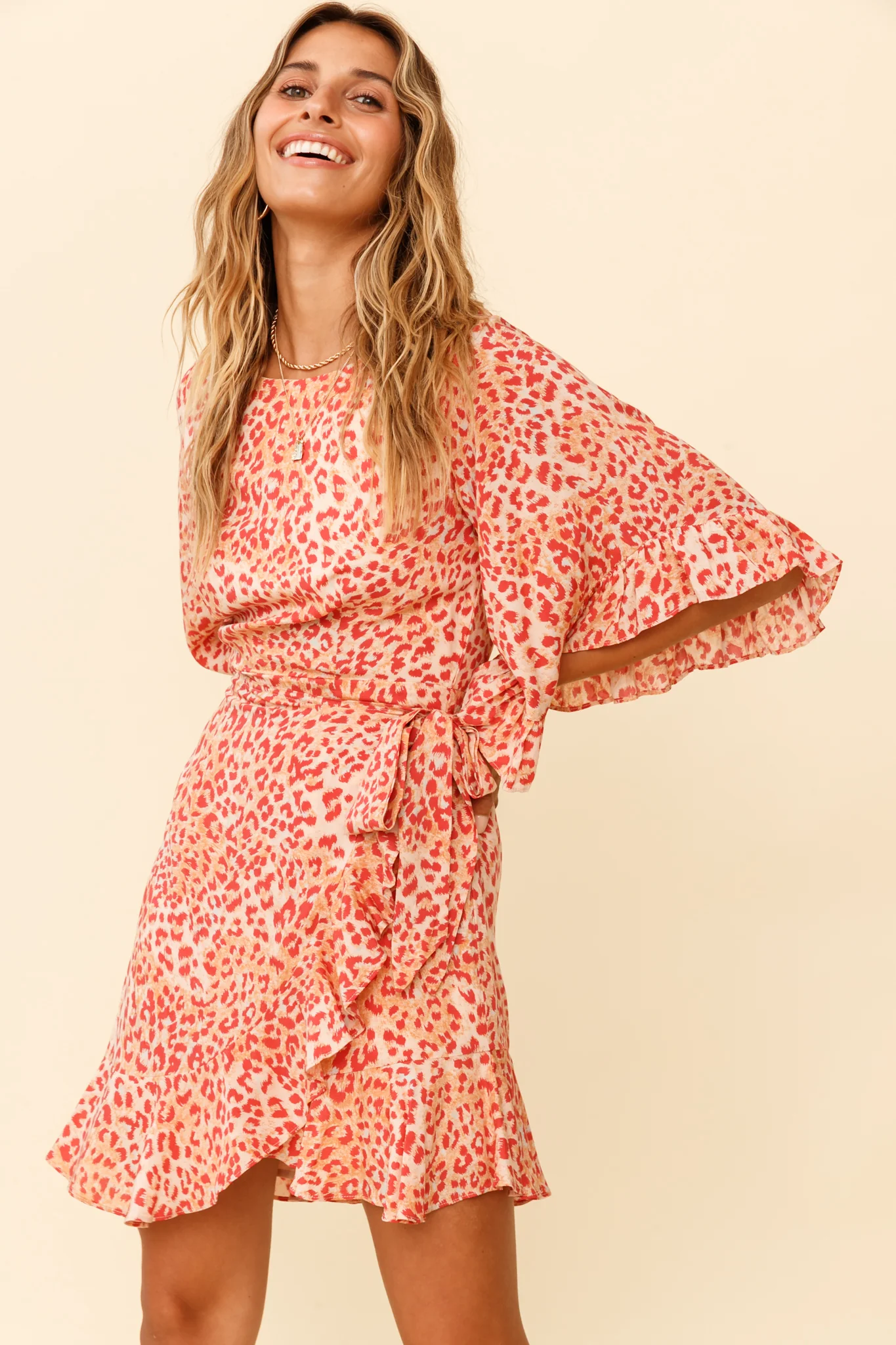 Make It Happen Flared Sleeve Ruffle Trim Dress Leopard Print Orange