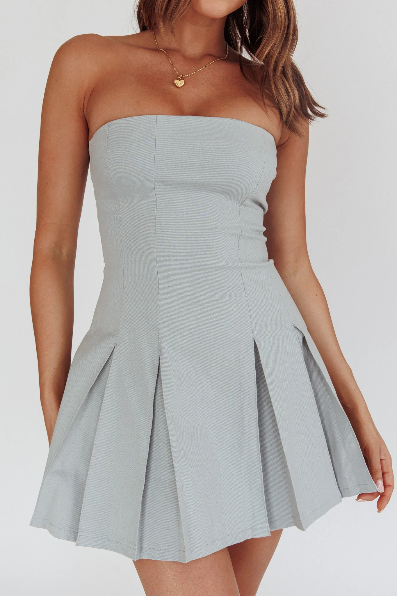 Jeziah Strapless Box Pleat Mini Dress Light Denim