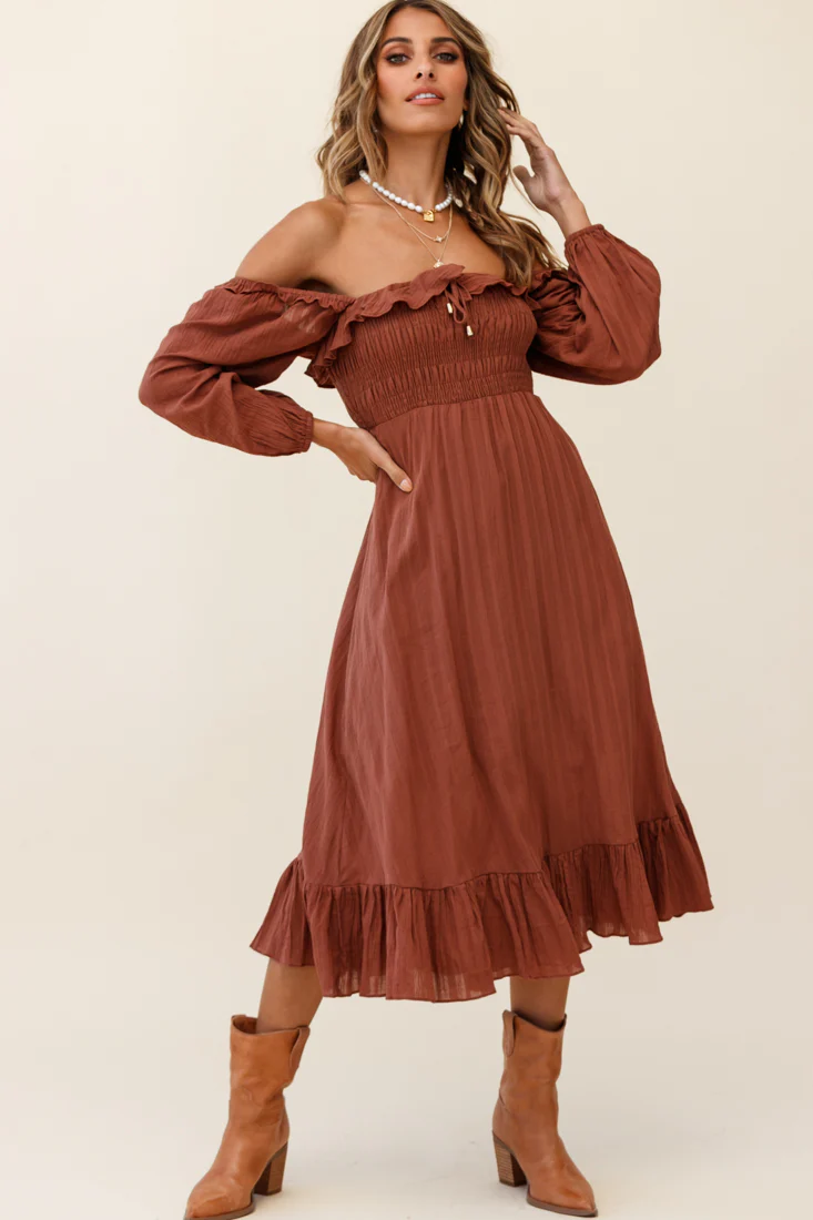 Flynn Off-Shoulder Shirred Bust Midi Dress Tan