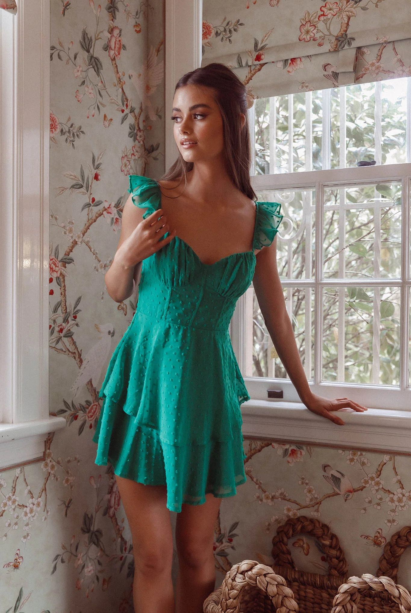 Theory Sweetheart Neckline Frill Strap Mini Dress Textured Green