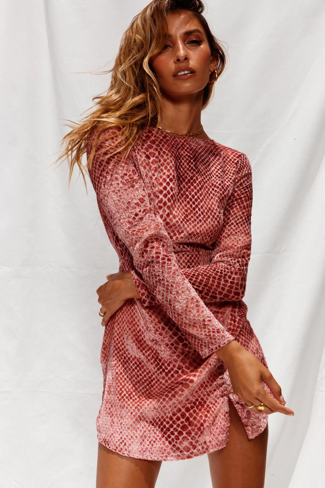 Demure Long Sleeve Open Back Dress Snake Skin Pattern Rose