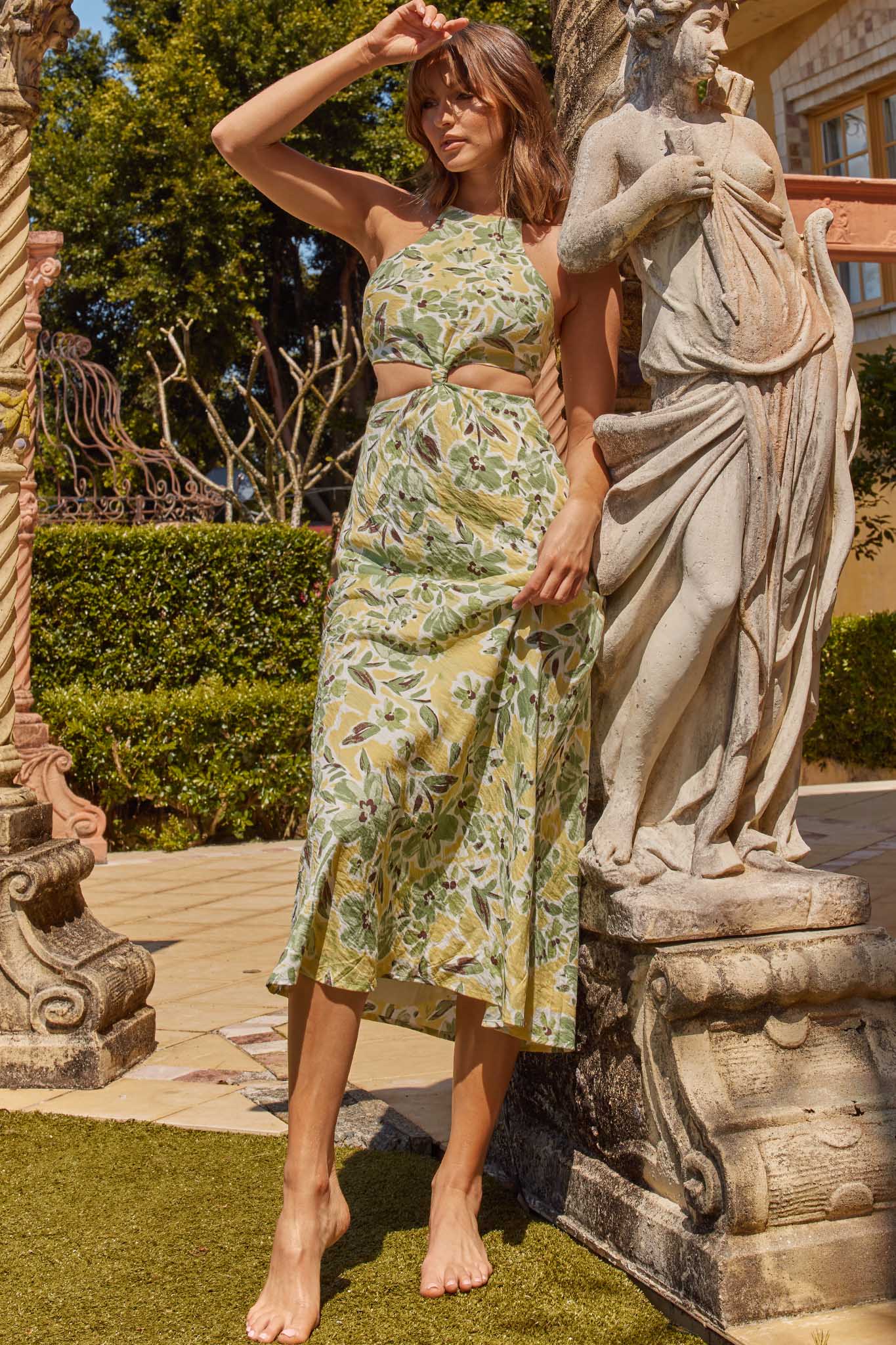 Utopia Cut-Out Waist Midi Dress Green/Yellow