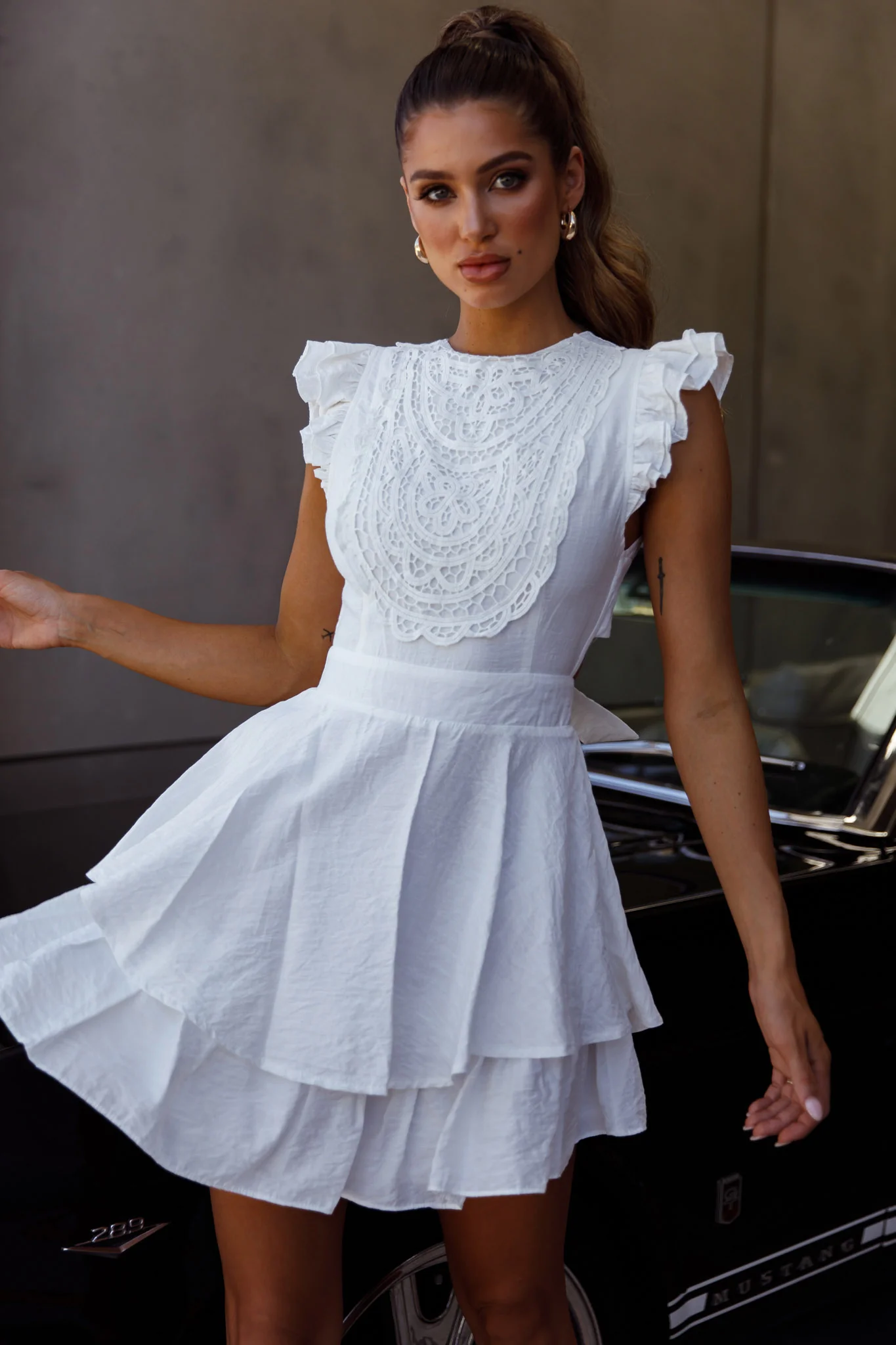 Nellie Lace Bust High Neck Dress White
