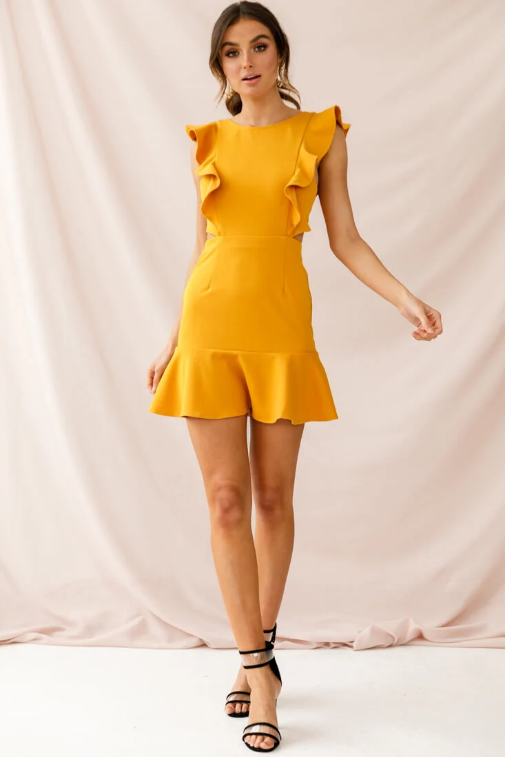 Jackie Wide Ruffle Hem Pinafore Dress Mustard