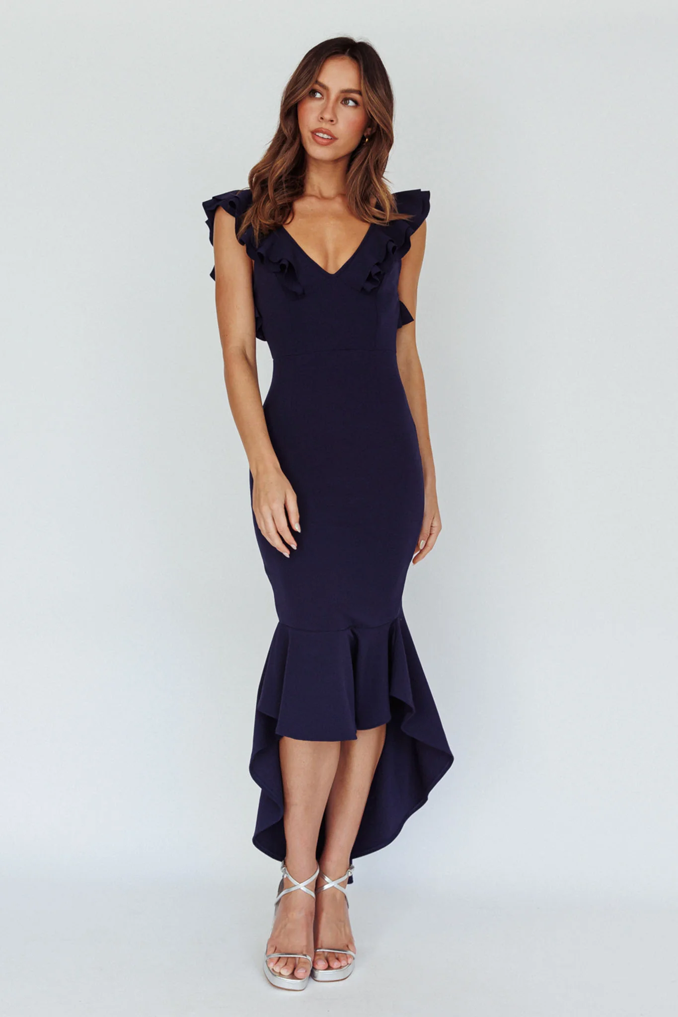 Pearl Ruffle Strap High-Low Hem Dress Navy