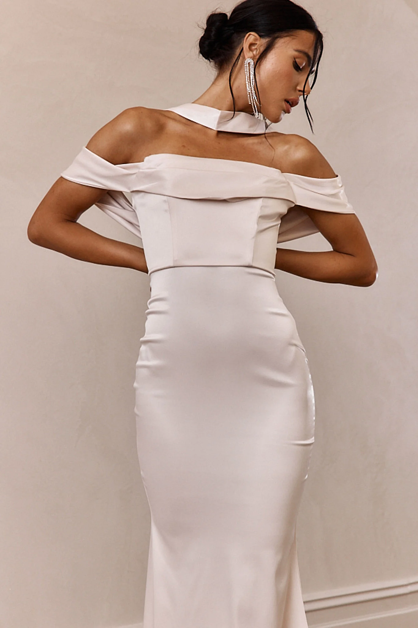 Eclipse Draped Sleeve Midi Dress Beige