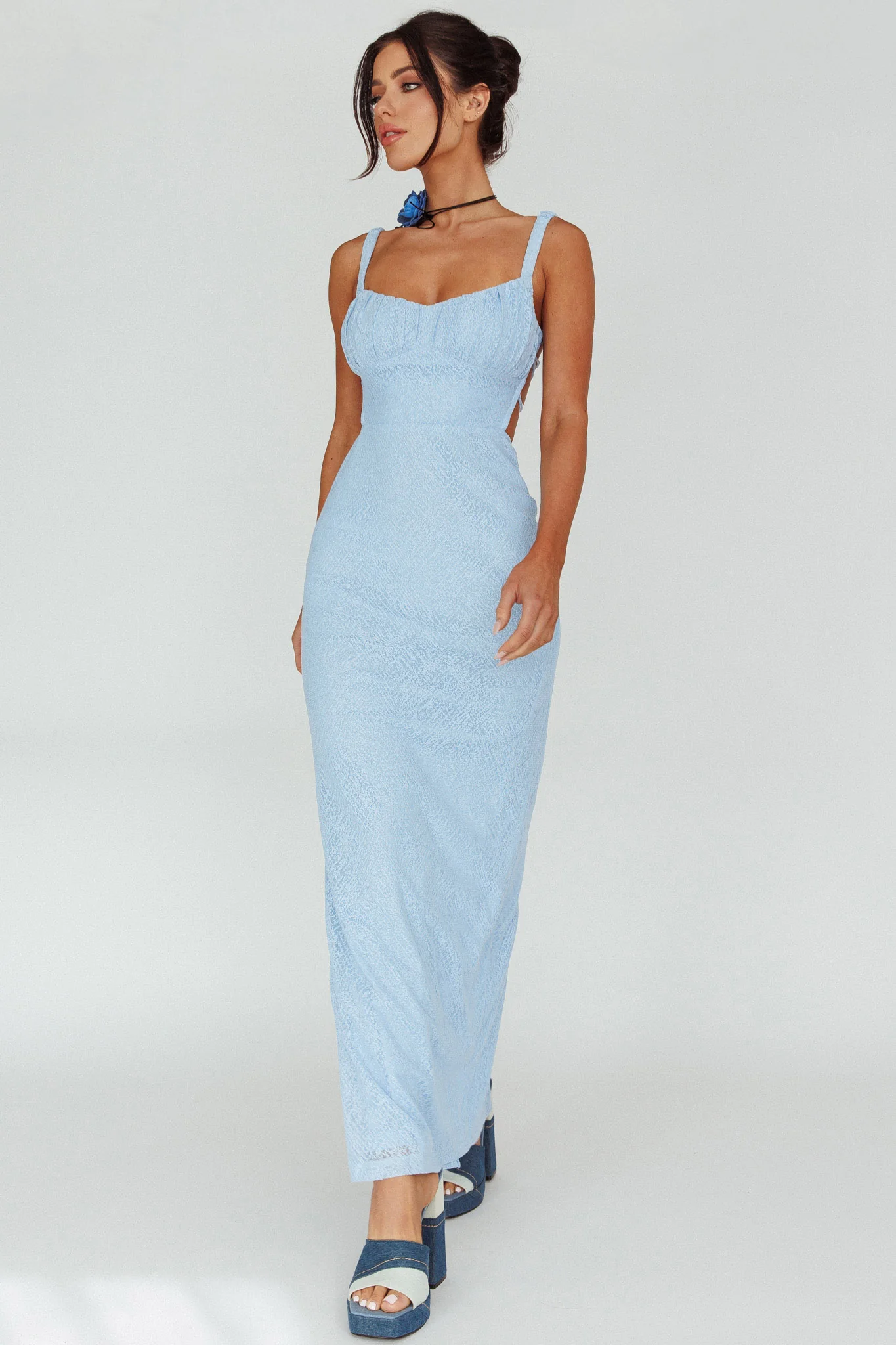 Dream Crush Lace-Up Back Mesh Overlay Midi Dress Blue