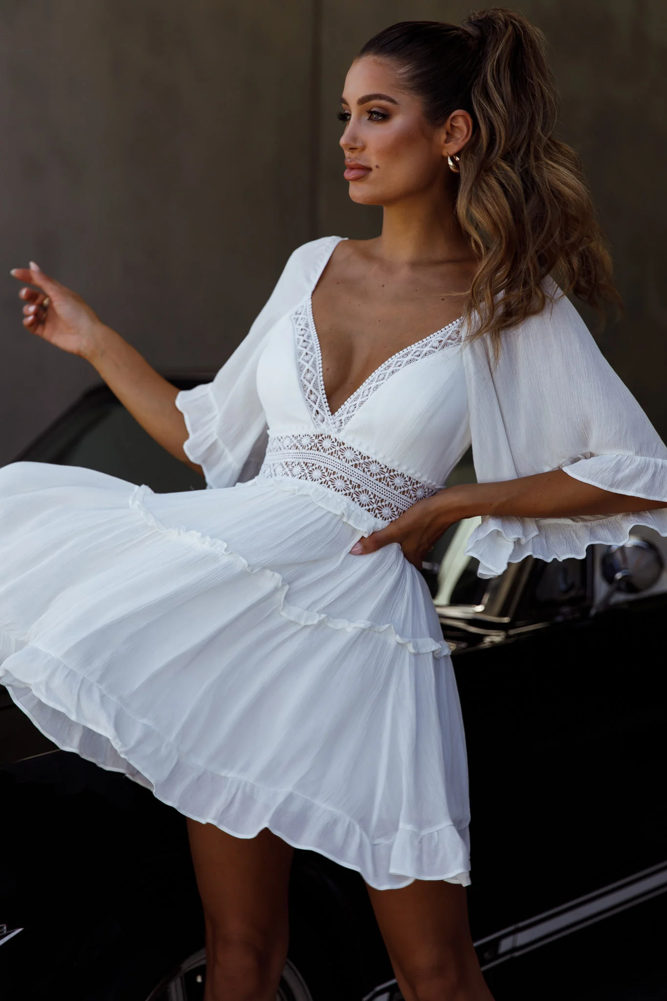 Desert Rose Bell Sleeve Mini Dress White